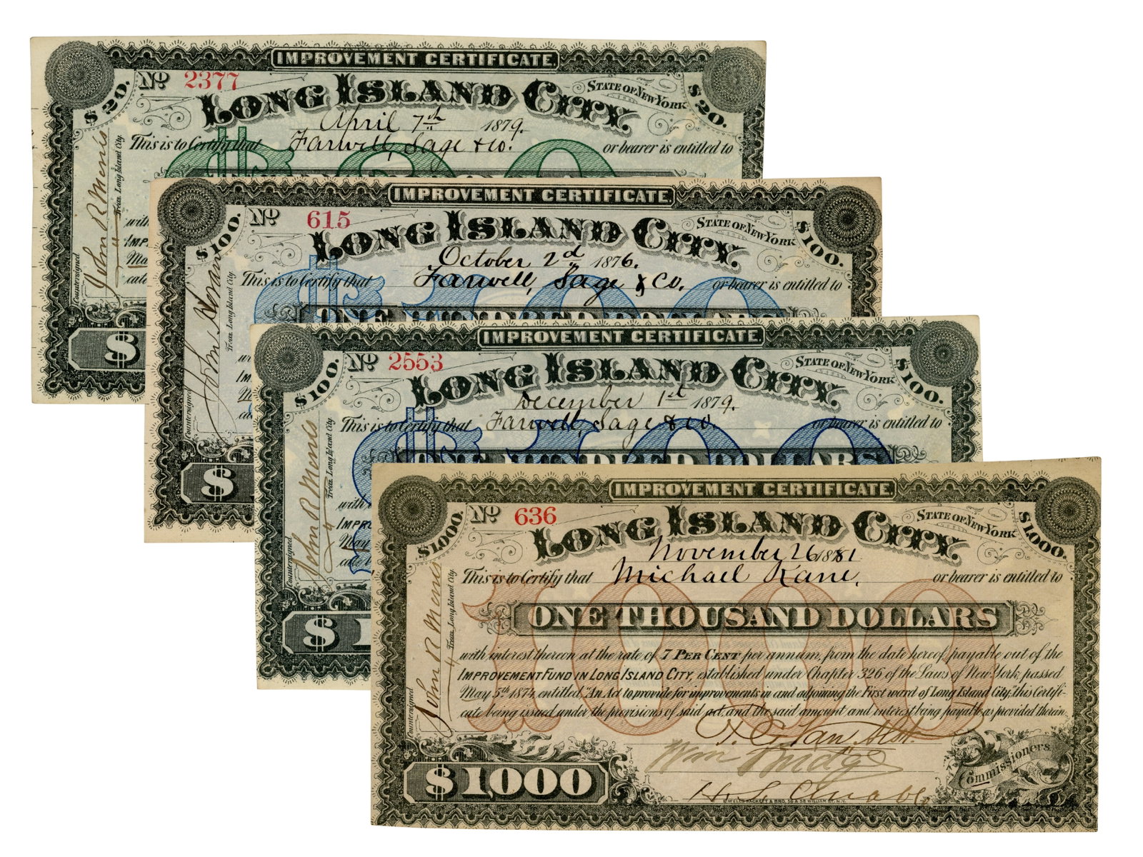 (4) Long Island City Improvement Certificates: 4 Long Island City Improvement Certificates including $20, two $100, and $1000 certificates. Shipping: Weiss Auctions offers full-service, in-house shipping for nearly all items in this auction. For