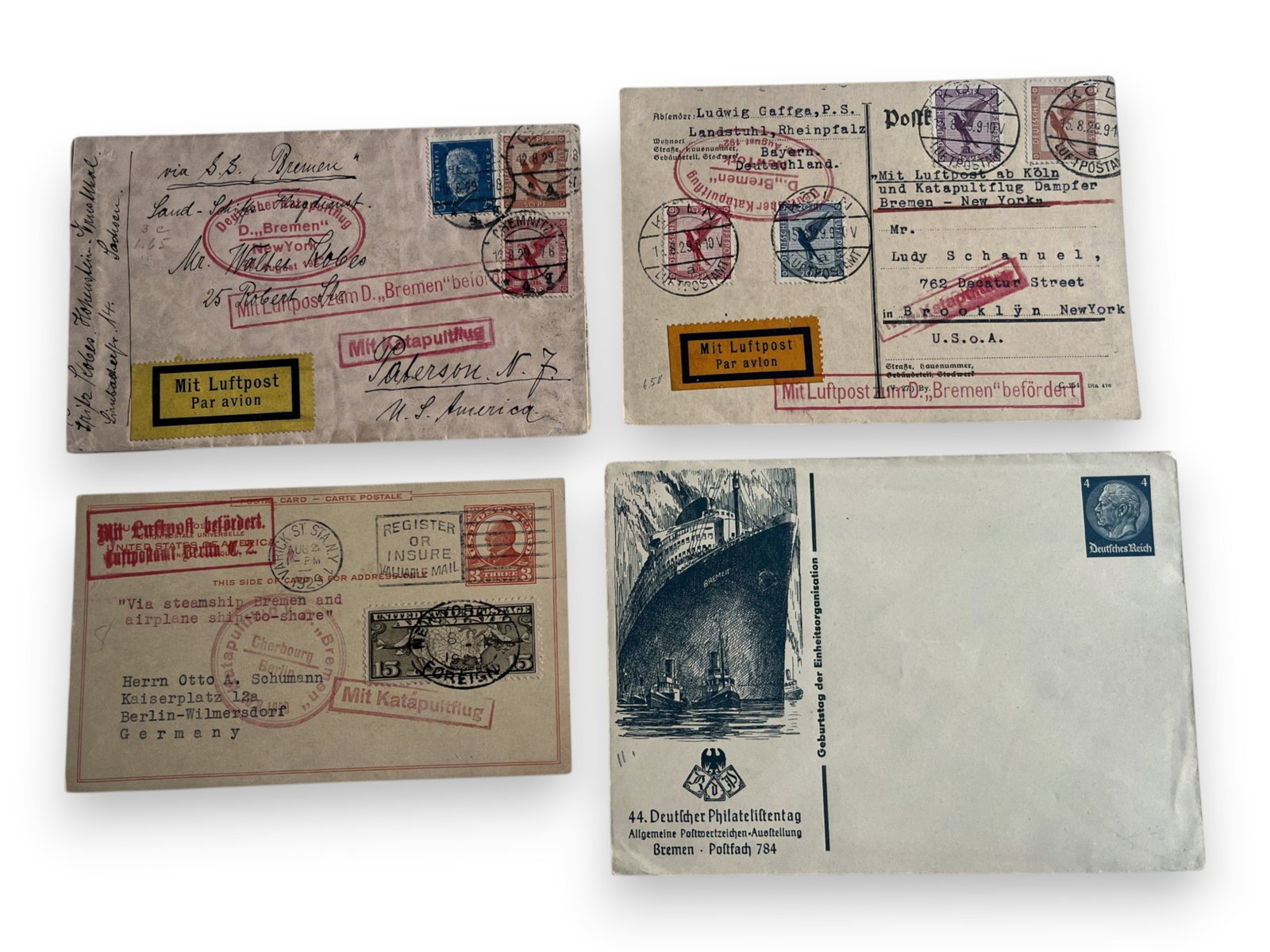 Airmail Covers (10): Collection of ten airmail covers, including catapult mail via the Bremen, a real photo postcard depicting seaplanes launching, and other interesting aviation covers with attractive frankings. From a