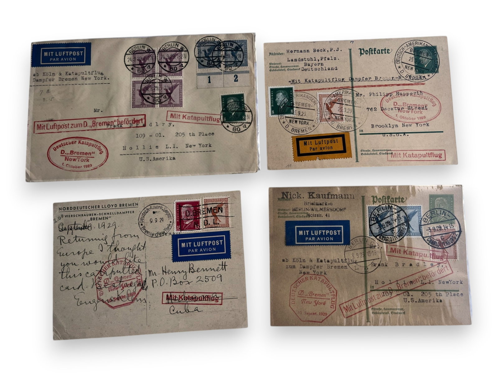 Aviation Covers (8): Collection of eight aviation covers including catapult and ship mail. Includes Mail Service Steamer Europa (no catapult service), March 19, 1930; Catapult Steamer Bremen, U.S. to Cherbourg and