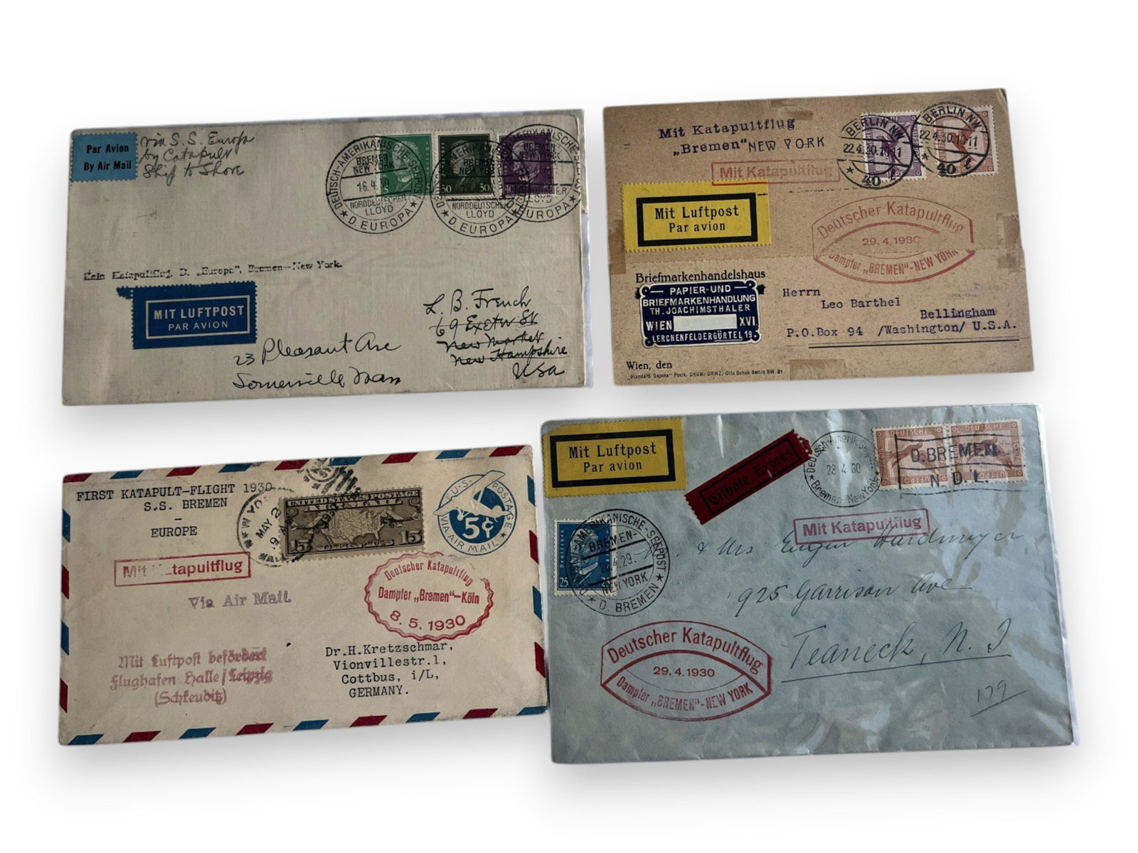 Catapult Mail Covers (8): Collection of eight aviation covers including catapult mail. Includes Steamer Bremen Germany to New York, April 29, 1930; Cologne, May 8, 1930; New York to Germany, May 19, 1930; and others. From a lo