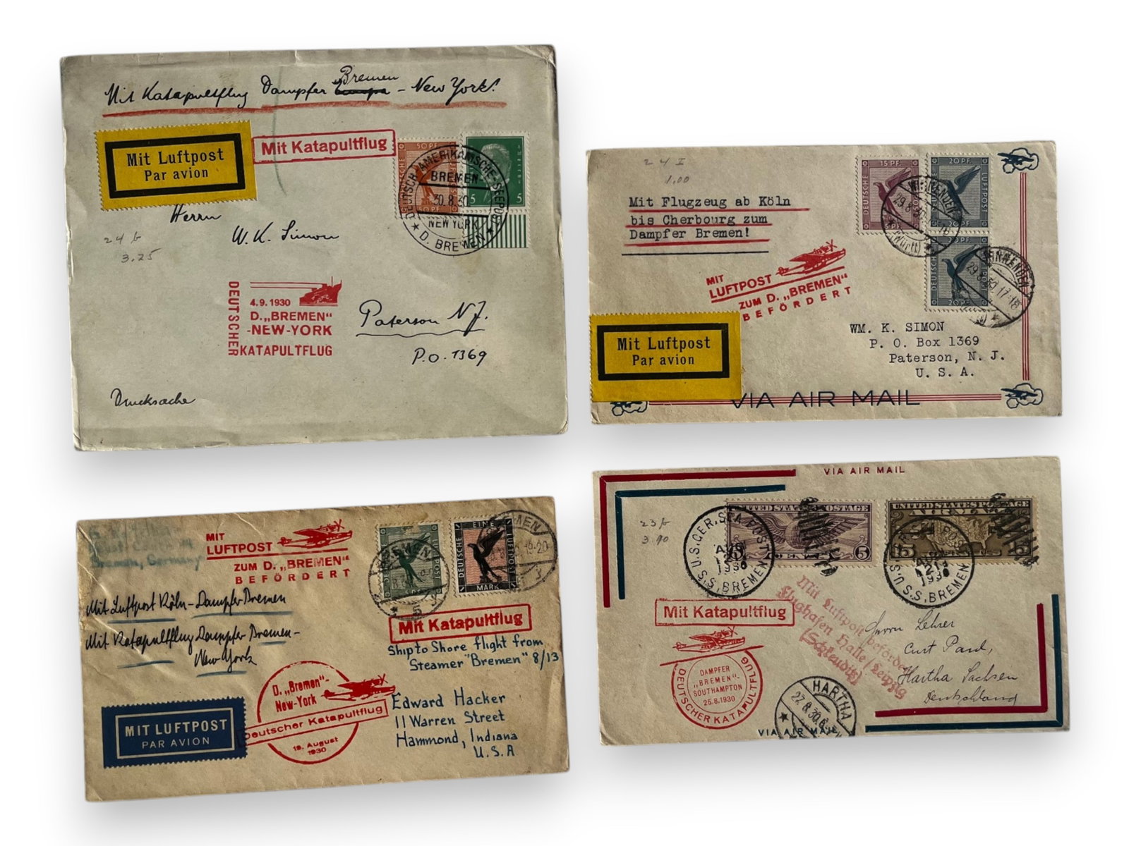 Catapult Mail Covers (8): Collection of eight catapult and aviation covers. Includes Bremen Germany to New York, September 4, 1930; Europa no catapult service, August 3, 1930; Bremen to New York, August 19, 1930; New York to
