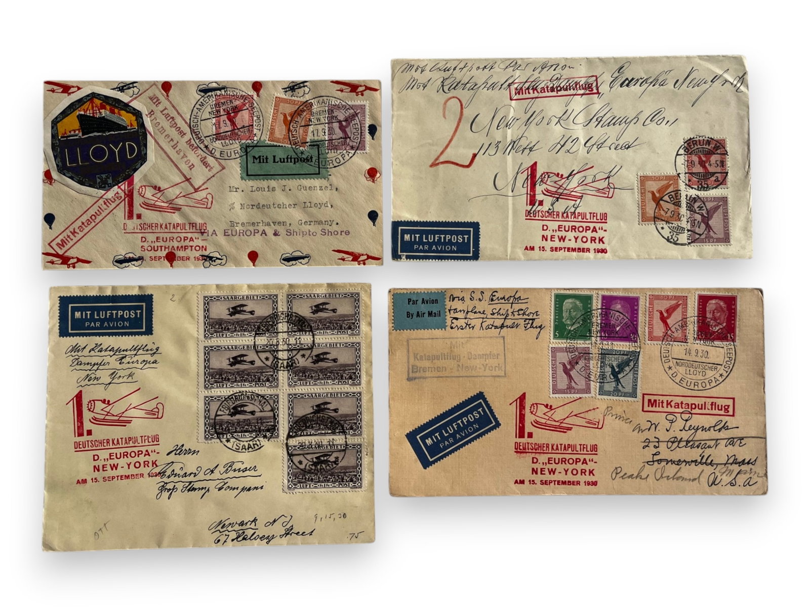 Catapult Covers & RPPCs (9): Collection of nine catapult mail covers and postcards. Includes two First Catapult Service flight covers aboard the S.S. Europa and real photo postcards depicting seaplanes departing the Europa.