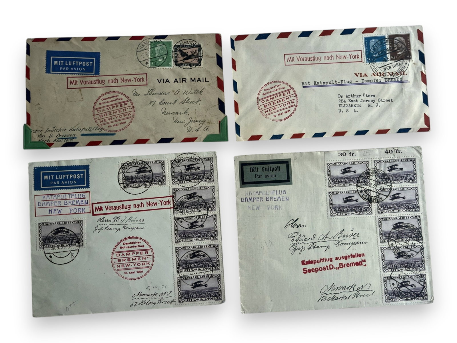 Catapult Mail Covers (8): Collection of eight catapult and aviation covers. Includes late mail to Steamer Bremen, Cologne to Cherbourg, May 5, 1931; Bremen Saar to Germany to New York, October 3, 1930; and other interesting