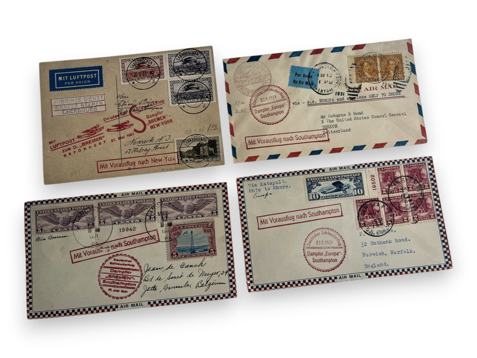 Catapult Mail Covers (8): Collection of eight catapult mail covers with interesting frankings, most carried aboard the S.S. Bremen or S.S. Europa. From a longtime aerophilately collector. Shipping: Weiss Auctions offers