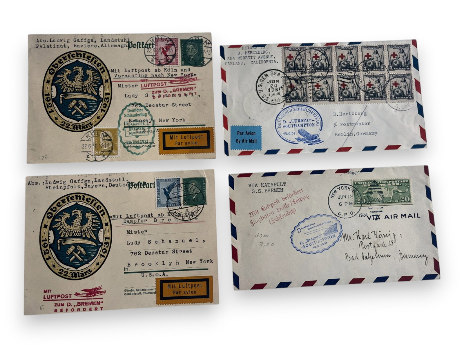 Catapult Mail Covers (10): Collection of ten catapult mail covers carried aboard the S.S. Bremen or S.S. Europa, featuring interesting frankings and postal markings. From a longtime aerophilately collector. Shipping: Weiss