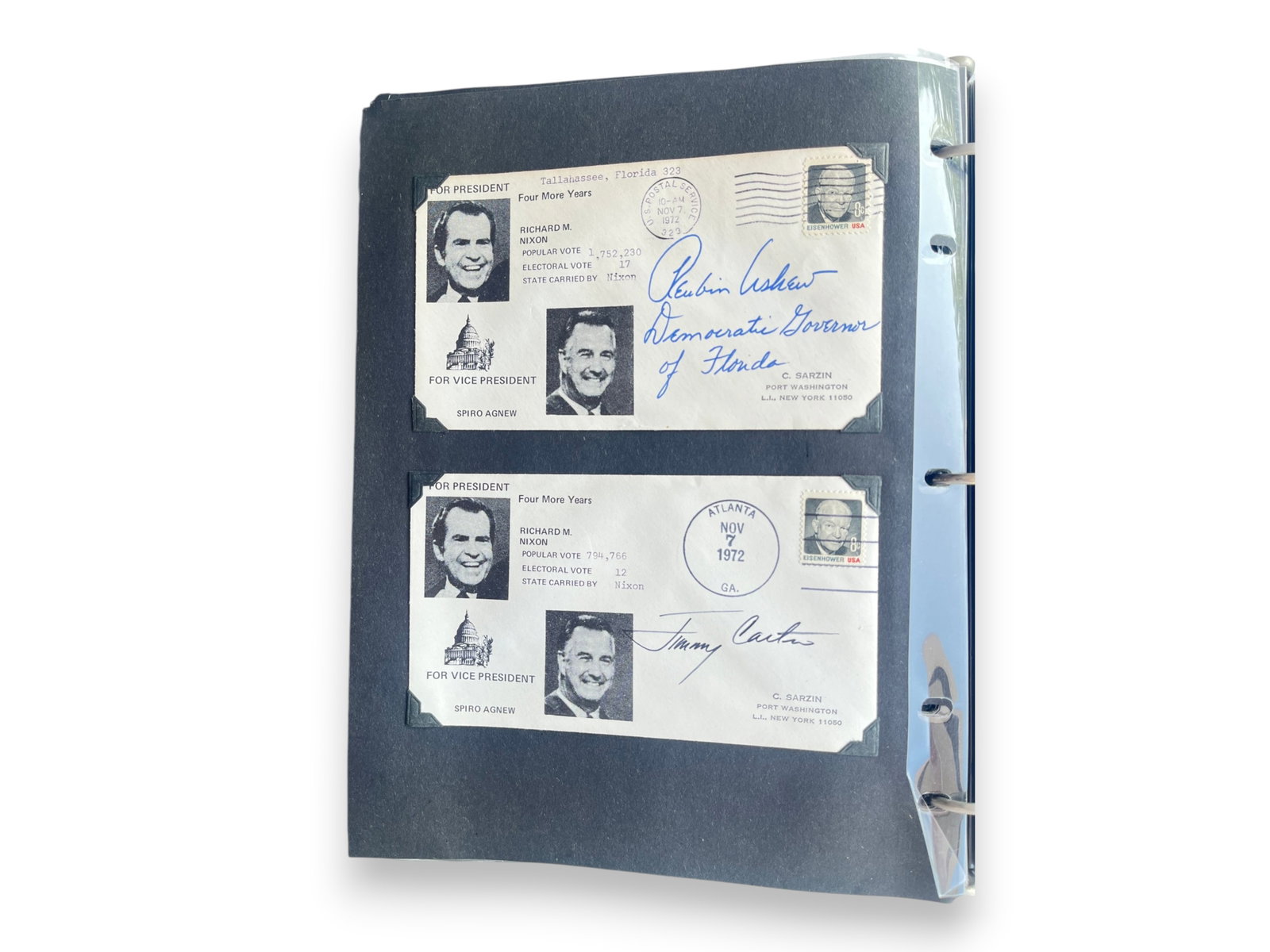 Presidential Cover Collection: Approximately 120+ presidential and political covers including Carter/Ford cacheted covers, Nixon/Agnew campaign covers, gubernatorial signatures, and a signed Jimmy Carter cover. Shipping: Weiss