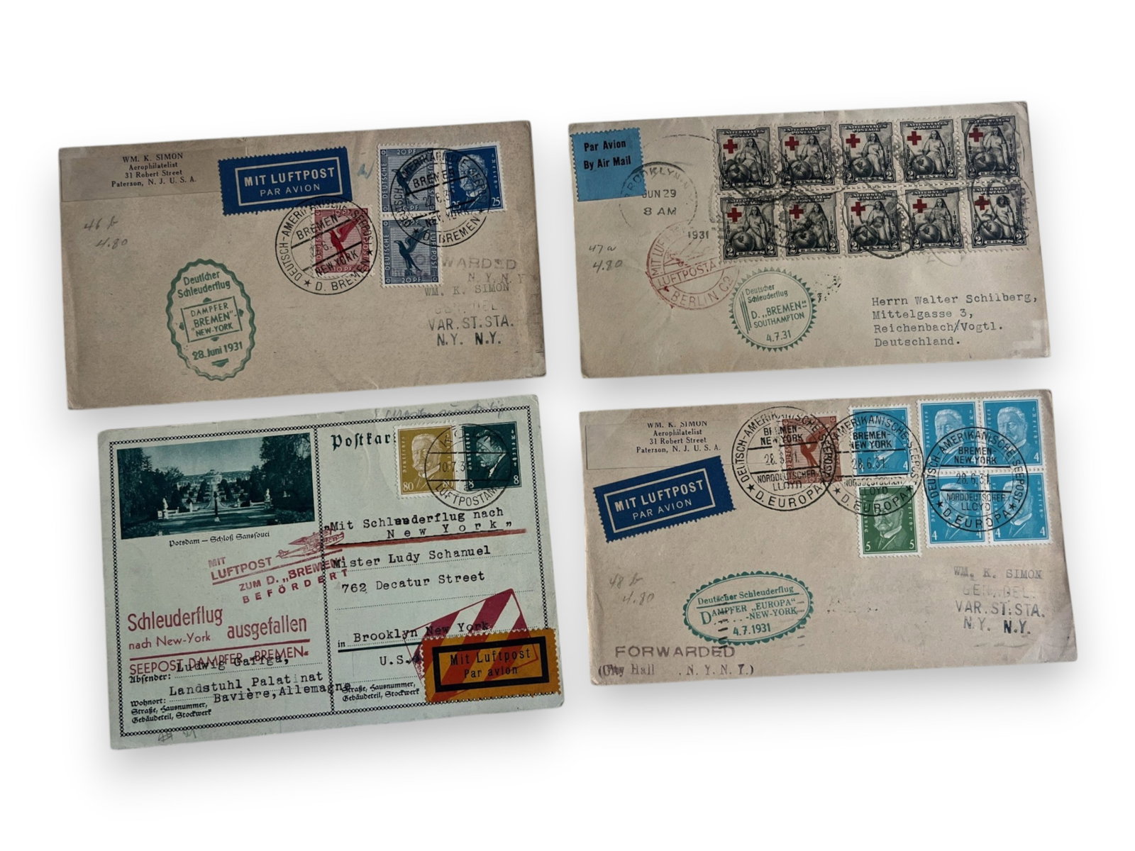 Aviation & Catapult Covers (10): Collection of ten aviation and Katapult Mail covers carried aboard the S.S. Bremen and S.S. Europa, featuring transatlantic ship-to-shore airmail, cachets, and interesting frankings. Shipping: Weiss