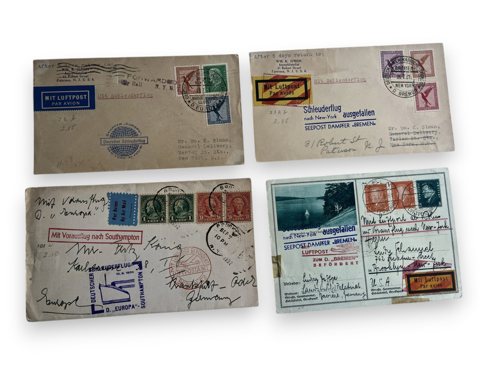 Aviation & Catapult Covers (10): Collection of ten aviation and Katapult Mail covers carried aboard the S.S. Bremen and S.S. Europa, featuring transatlantic ship-to-shore airmail, cachets, and interesting frankings. Shipping: Weiss