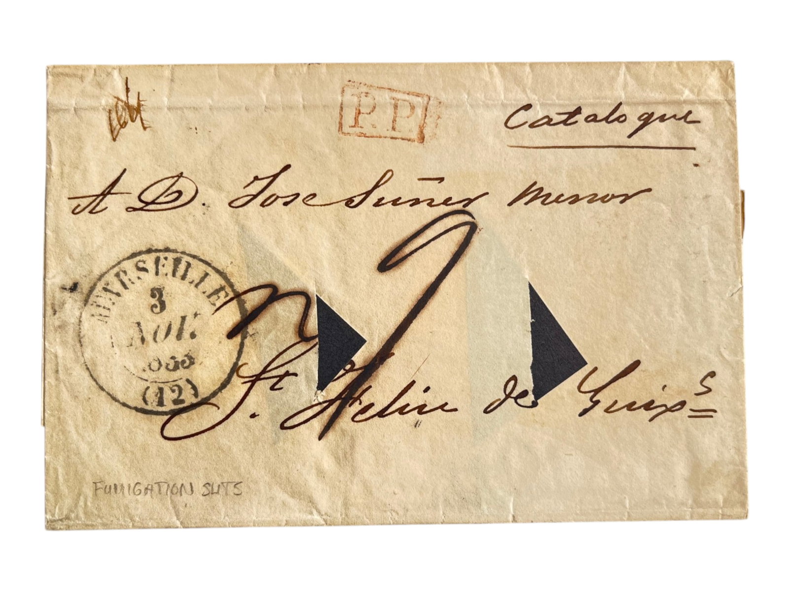Disinfected Medical Covers (3): Three scarce disinfected covers including 1833 Marseille?St. Helens with fumigation slits, Gibraltar Bay?Boston via New York, and 1848 Hamburg cholera disinfected cover. Shipping: Weiss Auctions