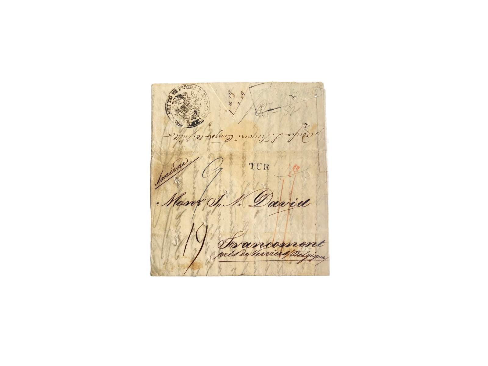 Disinfected Medical Covers (3): Three medically related covers including 19th century Turkish disease cover, 1847 Mauritius disinfected cover, and 1850 Marseille?Livorno disinfected cover. Shipping: Weiss Auctions offers