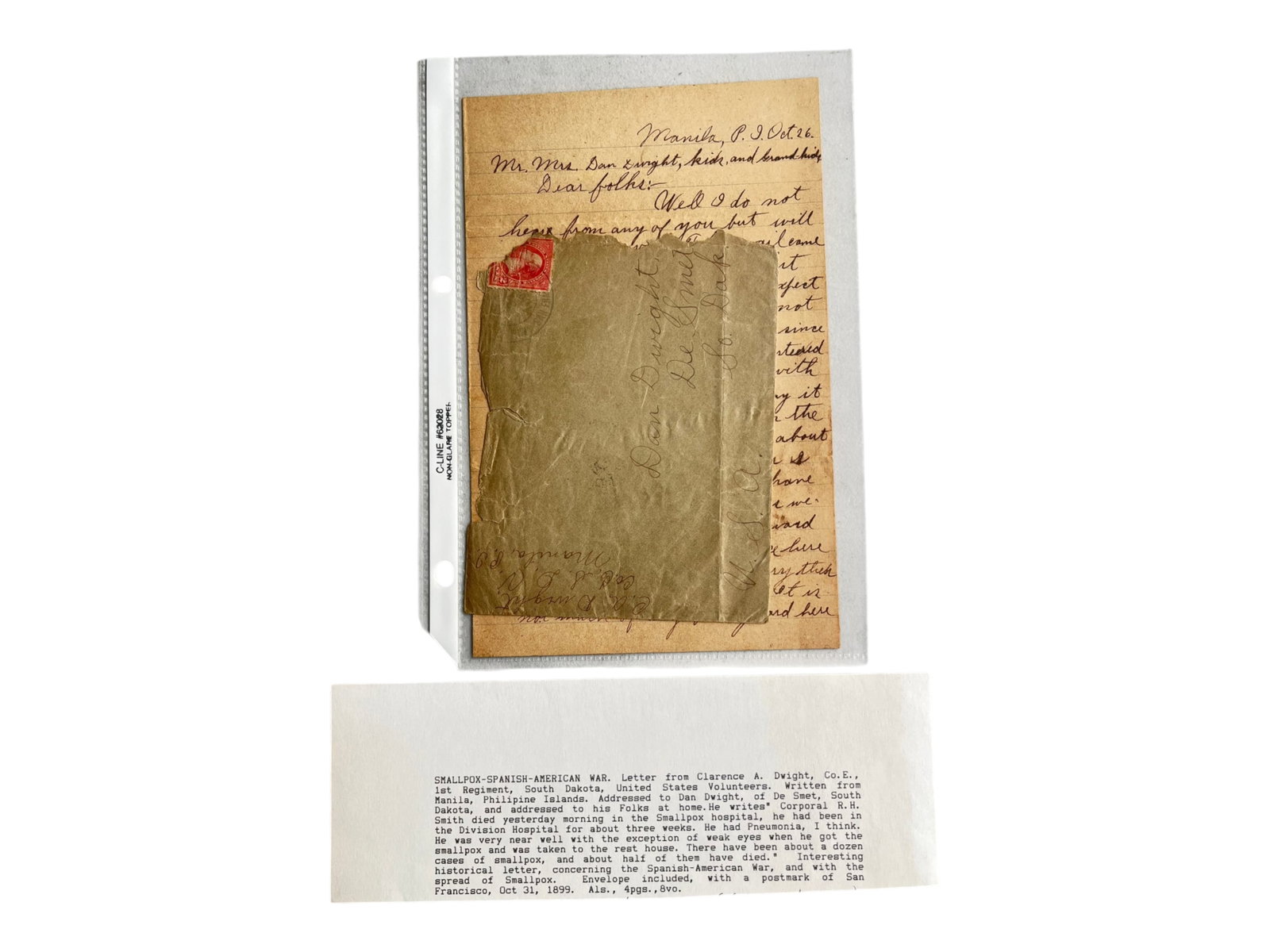 Medical & Health History Lot (6): Six-piece collection including Bills of Health, Ellis Island material, 1848 disinfected Italian cover, Spanish-American War smallpox letter from Manila, and related material. Shipping: Weiss Auctions