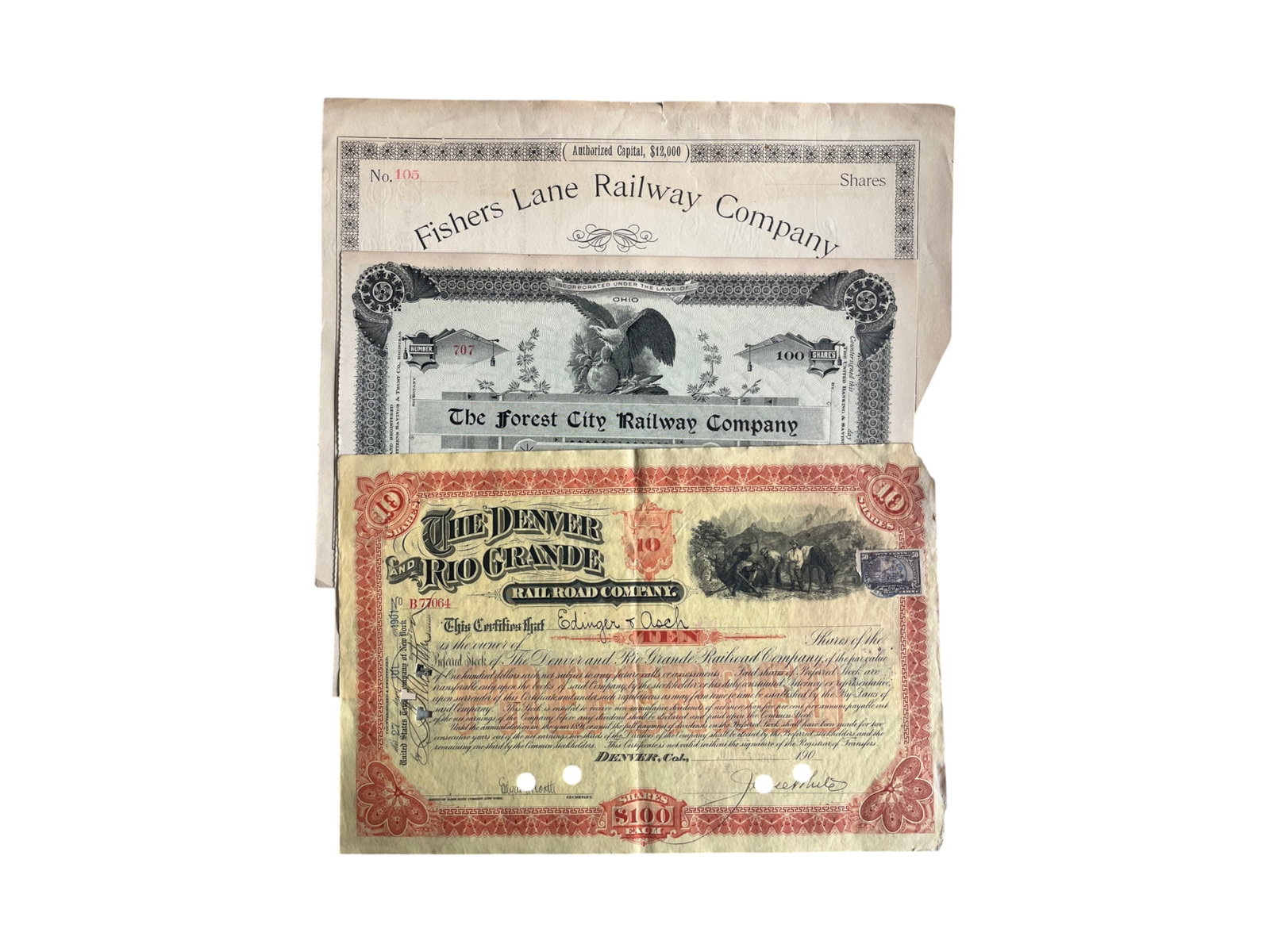 (24) Vintage Stock Certificates: Collection of 24 vintage stock certificates, primarily dating from the early to mid-20th century. Includes examples from the United Leather Company, Denver & Rio Grande Railroad Company (with two