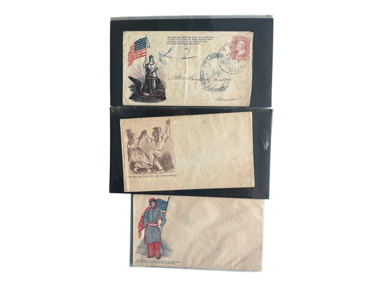 (12) Civil War Patriotic Covers: Collection of 12 Civil War patriotic covers, including 11 unused examples and one postally used cover. Features a variety of patriotic illustrated designs from the Civil War era. An attractive group