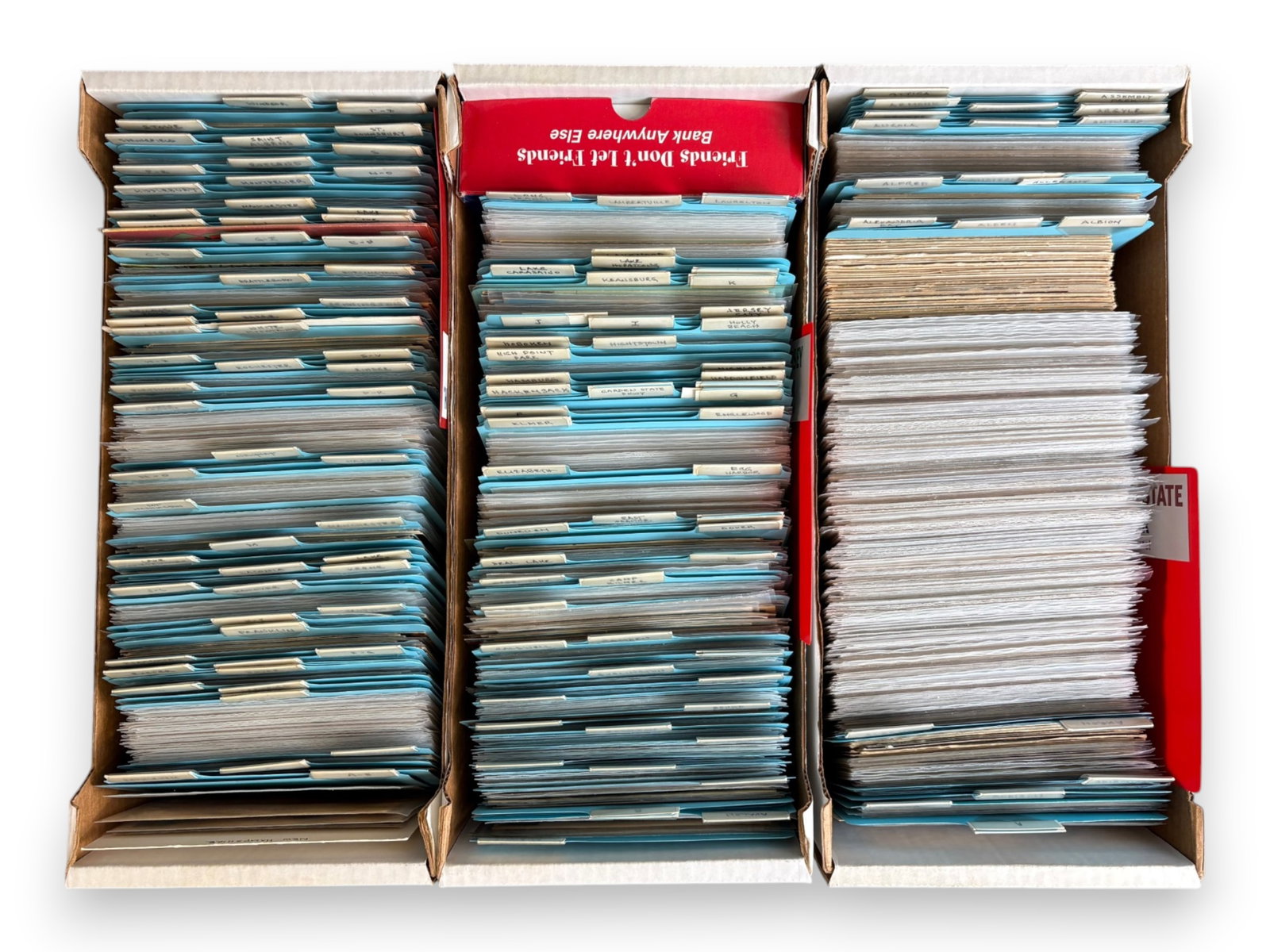 Estate U.S. Postcard Collection: Estate collection of approximately 1,000 to 1,500 United States postcards housed in three boxes and organized by city. Strong representation of New York, New Jersey, and New Hampshire, including