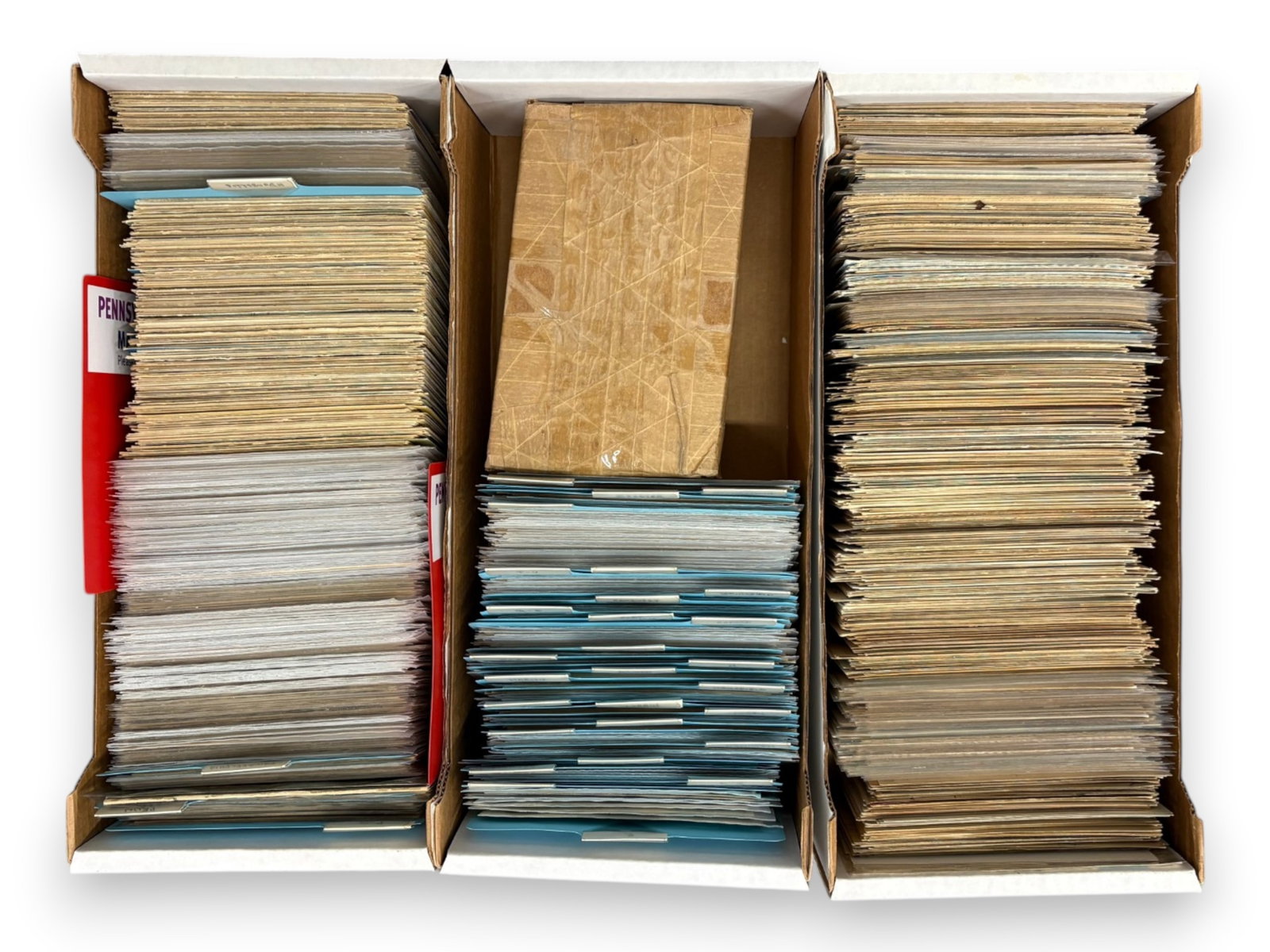 Estate Mixed Postcard Collection: Estate collection of approximately 1,000 vintage postcards housed in two boxes. One box consists primarily of Pennsylvania postcards with large sections devoted to Philadelphia and Pittsburgh, along w