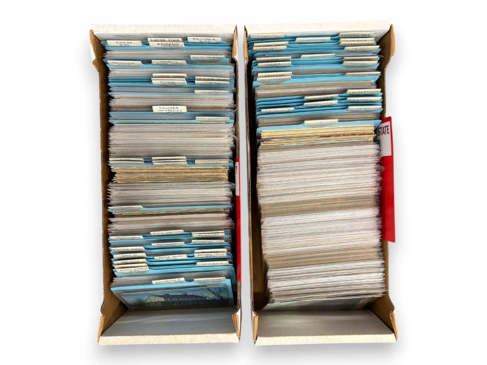 NY State & NYC Postcard Collection: Estate collection of approximately 700 to 900 vintage New York State and New York City postcards, well organized by location. Features an excellent section of Buffalo, Cambridge, Canton, Catskill,