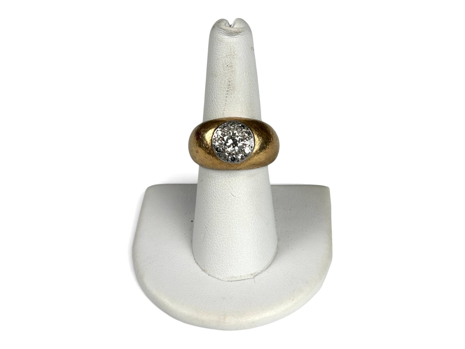 14K Gold Diamond Bombe Ring: 14K yellow gold natural diamond bombe ring, approximately U.S. size 6, with Florentine finish and a 14K white gold diamond cluster setting. Center round brilliant cut diamond weighs approximately 0.50