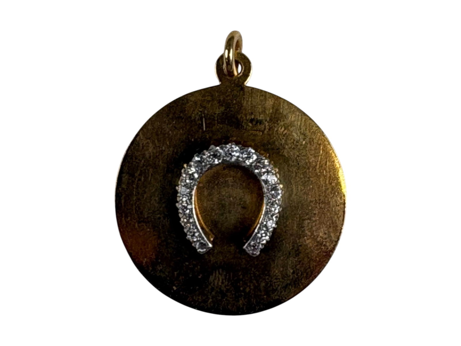 14K Gold & Diamond Horseshoe Jewelry: 14K gold and natural diamond horseshoe jewelry including a pendant measuring approximately 38 mm in diameter, with an estimated total diamond weight of 0.50 ctw and total weight of 20.2 grams; and a r