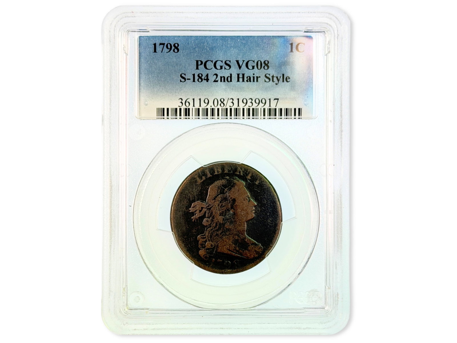 1798 Large Cent S-184 PCGS VG08: 1798 Draped Bust Large Cent, Sheldon-184, Second Hair Style variety, graded PCGS VG08. Cert. #31939917. Shipping: Weiss Auctions offers full-service, in-house shipping for nearly all items in this auc