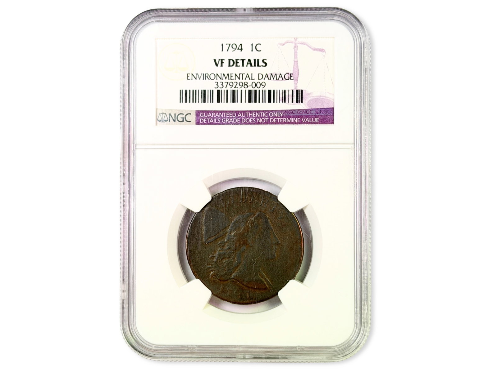 1794 Large Cent NGC VF Details: 1794 Flowing Hair Large Cent, certified NGC VF Details, Environmental Damage. Cert. #3379298-009. Shipping: Weiss Auctions offers full-service, in-house shipping for nearly all items in this auction. 