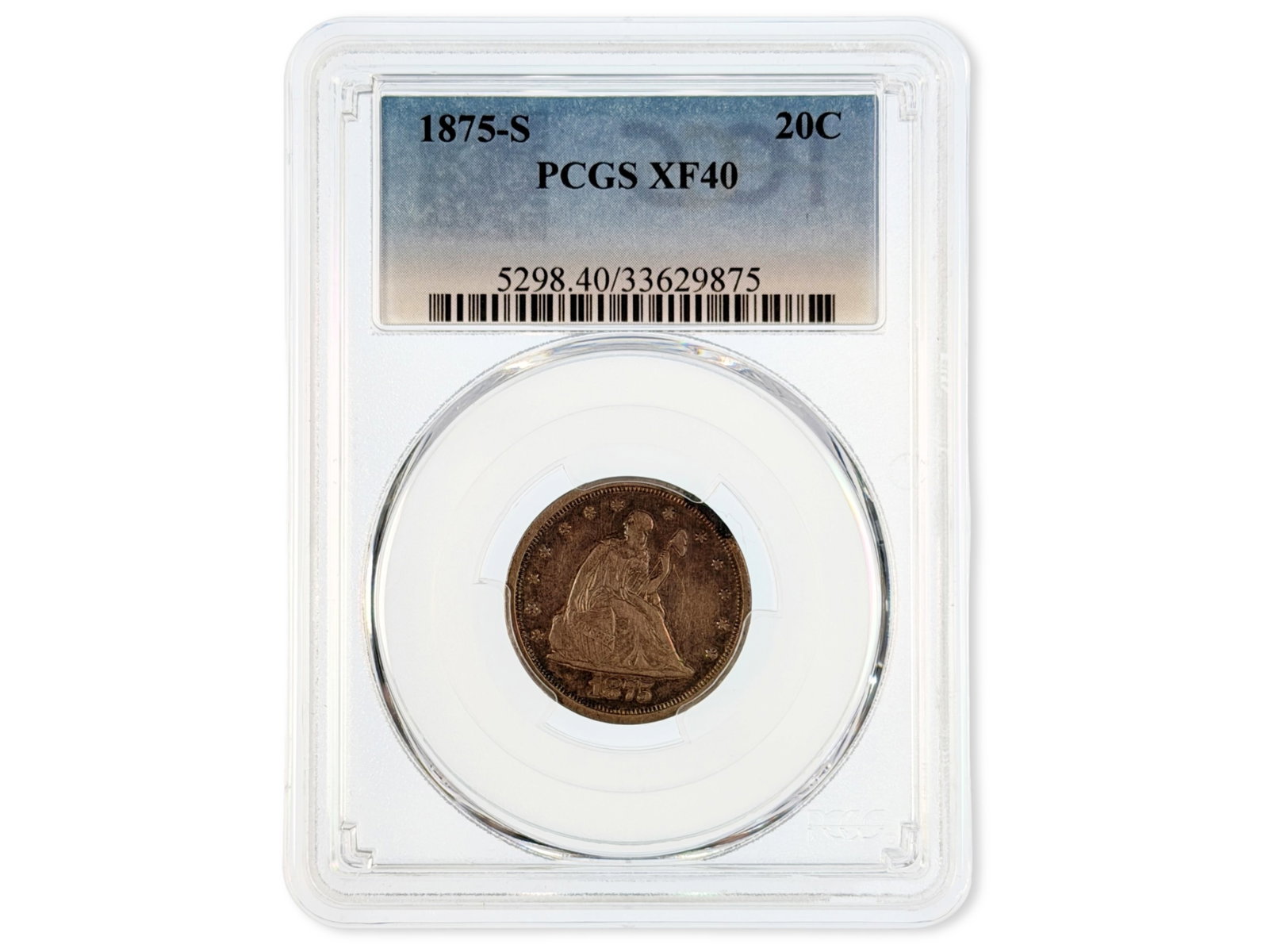 1875-S Twenty Cent PCGS XF40: 1875-S Twenty Cent piece graded PCGS XF40. Cert. #33629875. Shipping: Weiss Auctions offers full-service, in-house shipping for nearly all items in this auction. For a shipping quote, please contact u