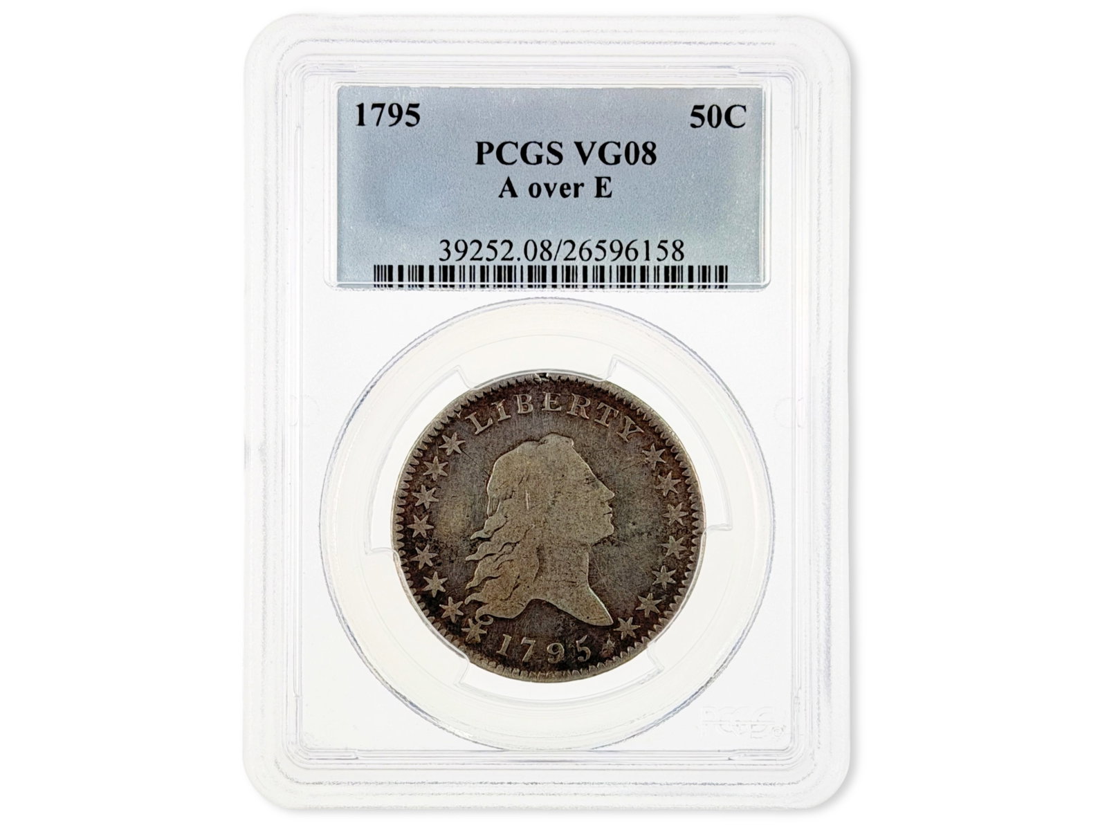 1795 Half Dollar PCGS VG08: 1795 Flowing Hair Half Dollar, A over E variety, graded PCGS VG08. Cert. #26596158. Shipping: Weiss Auctions offers full-service, in-house shipping for nearly all items in this auction. For a shipping
