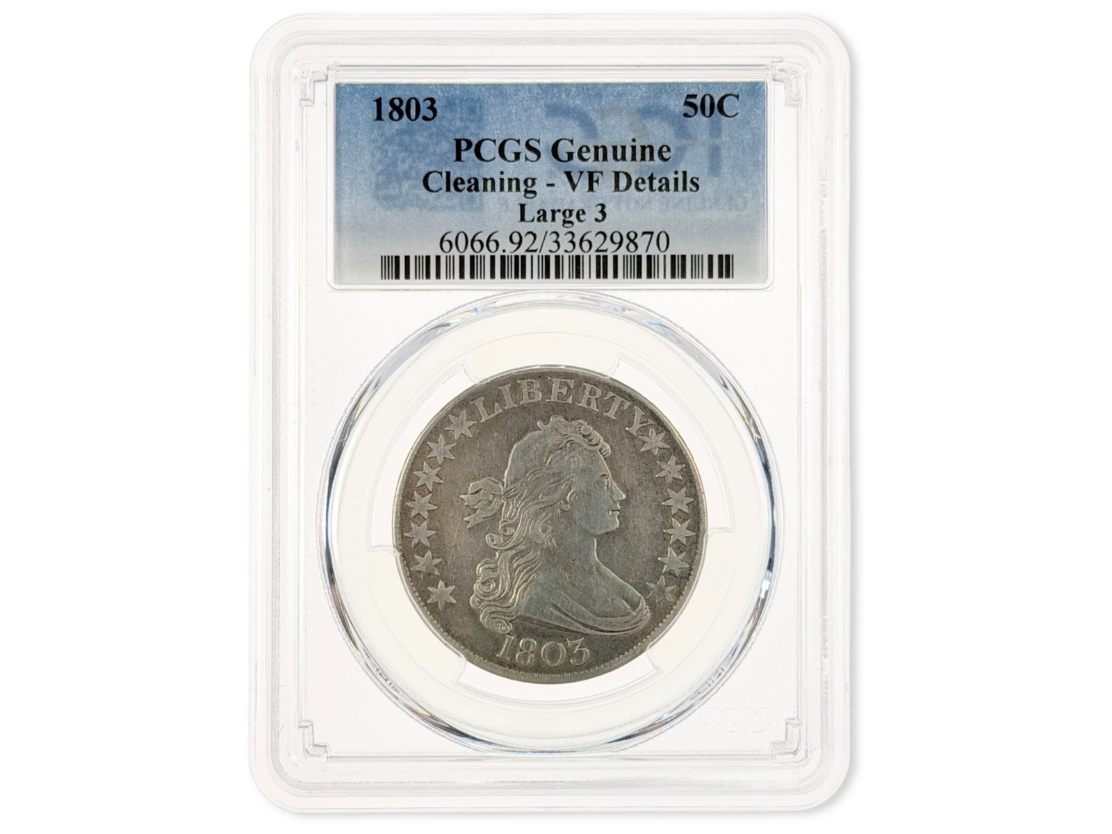 1803 Half Dollar PCGS Genuine VF Details: 1803 Draped Bust Half Dollar, Large 3 variety, PCGS Genuine Cleaning ? VF Details. Cert. #33629870. Shipping: Weiss Auctions offers full-service, in-house shipping for nearly all items in this auction