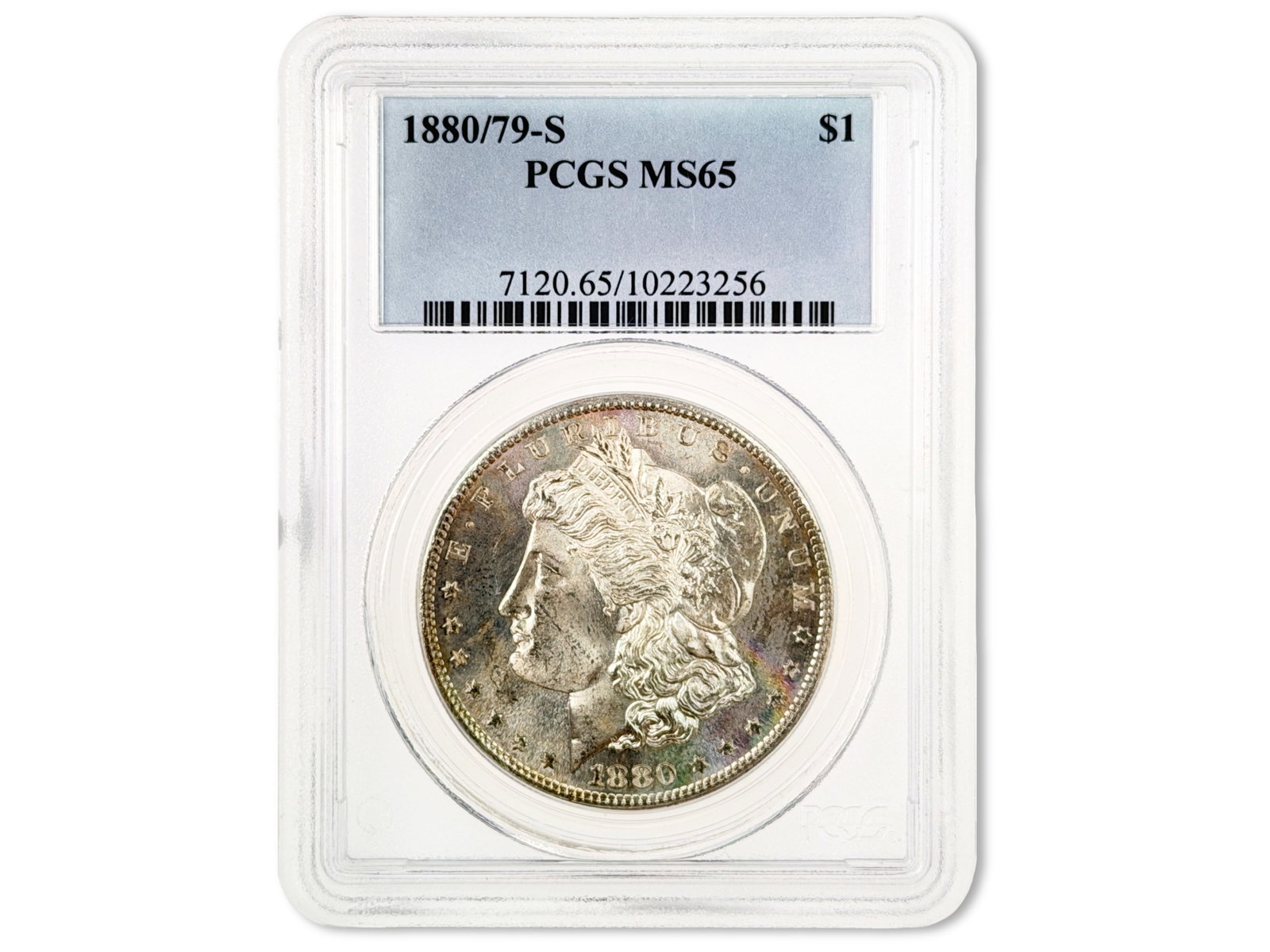 1880/79-S Morgan Dollar PCGS MS65: 1880/79-S Morgan Silver Dollar graded PCGS MS65. Cert. #10223256. Shipping: Weiss Auctions offers full-service, in-house shipping for nearly all items in this auction. For a shipping quote, please con