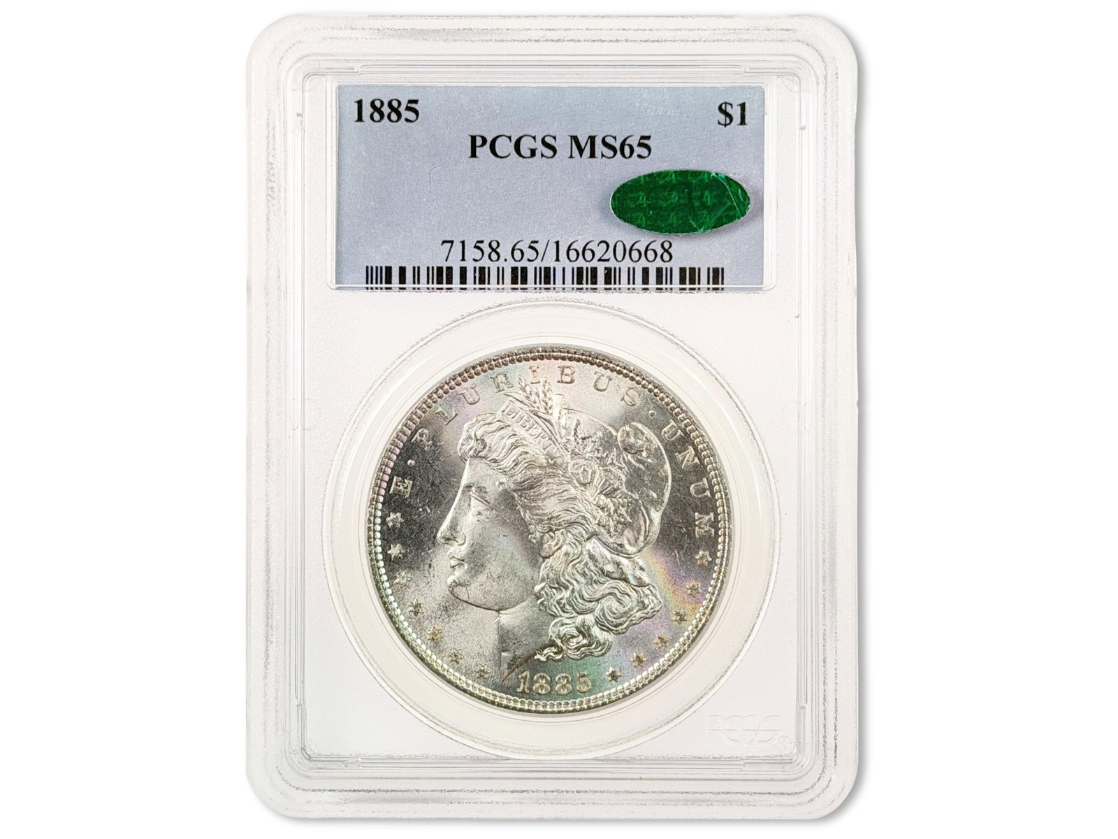 1885 Morgan Dollar PCGS MS65 CAC: 1885 Morgan Silver Dollar graded PCGS MS65 with CAC green sticker. Cert. #16620668. Shipping: Weiss Auctions offers full-service, in-house shipping for nearly all items in this auction. For a shipping