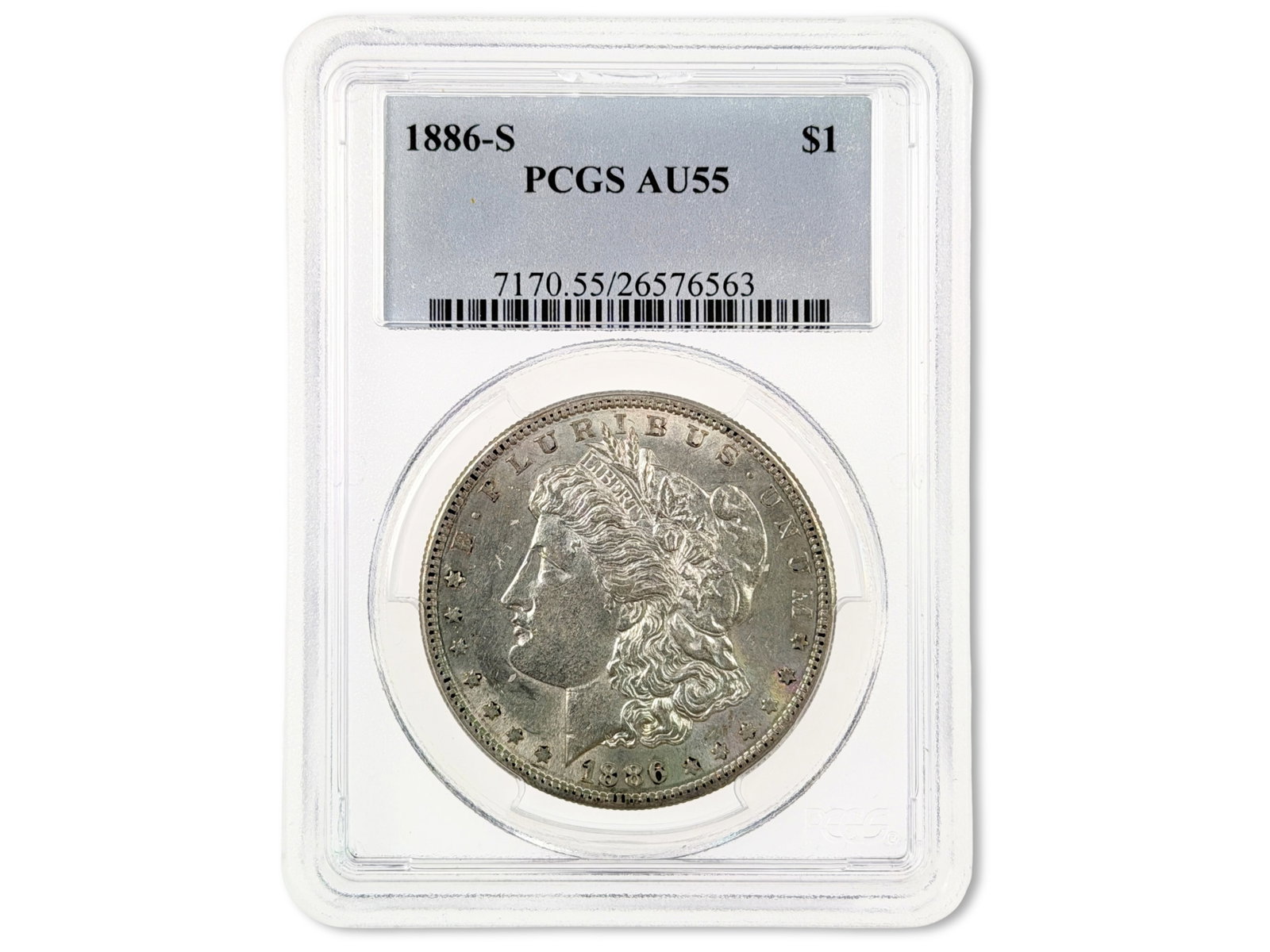 1886-S Morgan Dollar PCGS AU55: 1886-S Morgan Silver Dollar graded PCGS AU55. Cert. #26576563. Shipping: Weiss Auctions offers full-service, in-house shipping for nearly all items in this auction. For a shipping quote, please contac