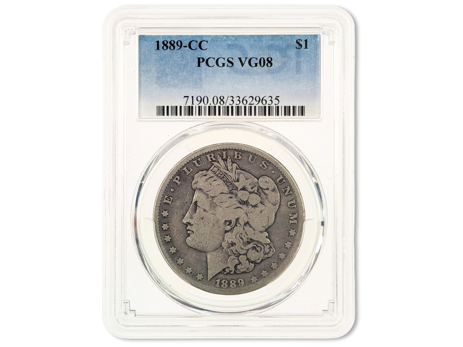 1889-CC Morgan Dollar PCGS VG08: 1889-CC Morgan Silver Dollar graded PCGS VG08. Cert. #33629635. Shipping: Weiss Auctions offers full-service, in-house shipping for nearly all items in this auction. For a shipping quote, please conta