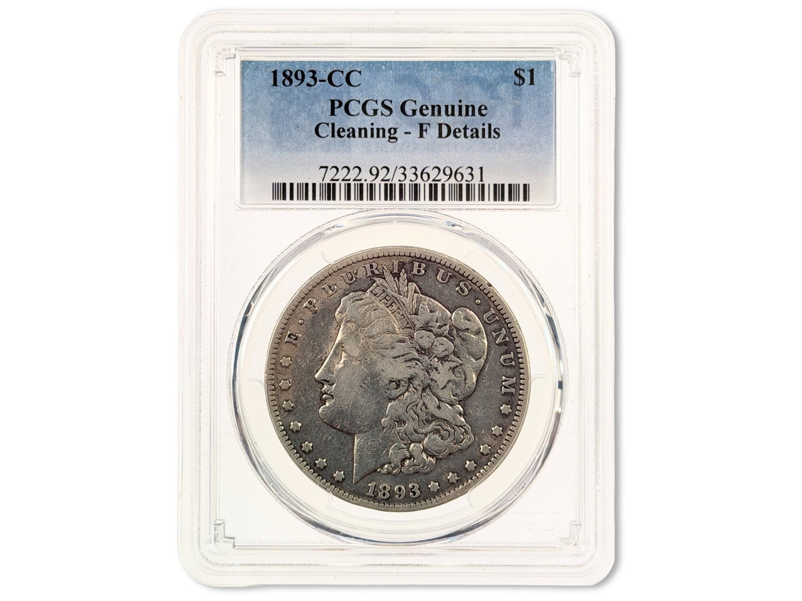 1893-CC Morgan Dollar PCGS F Details: 1893-CC Morgan Silver Dollar certified PCGS Genuine, Cleaning ? Fine Details. Cert. #33629631. Shipping: Weiss Auctions offers full-service, in-house shipping for nearly all items in this auction. For