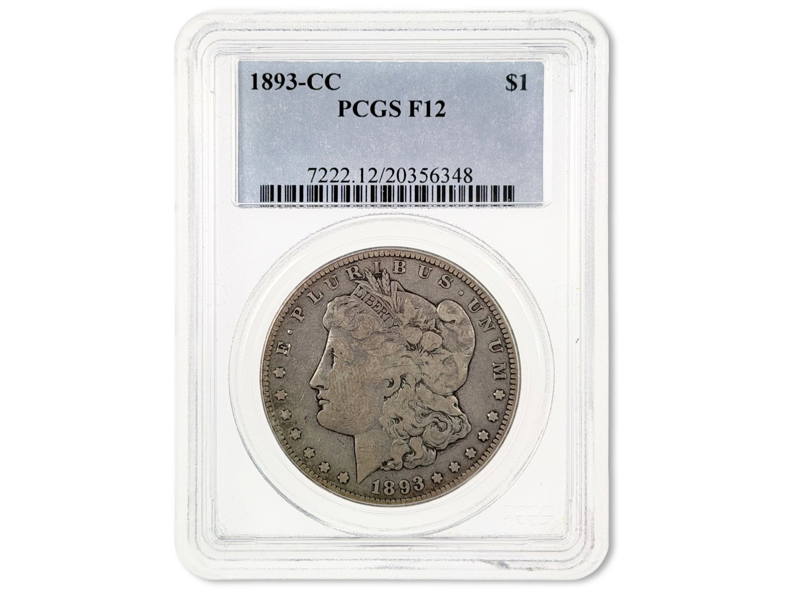 1893-CC Morgan Dollar PCGS F12: 1893-CC Morgan Silver Dollar graded PCGS F12. Cert. #20356348. Shipping: Weiss Auctions offers full-service, in-house shipping for nearly all items in this auction. For a shipping quote, please contac
