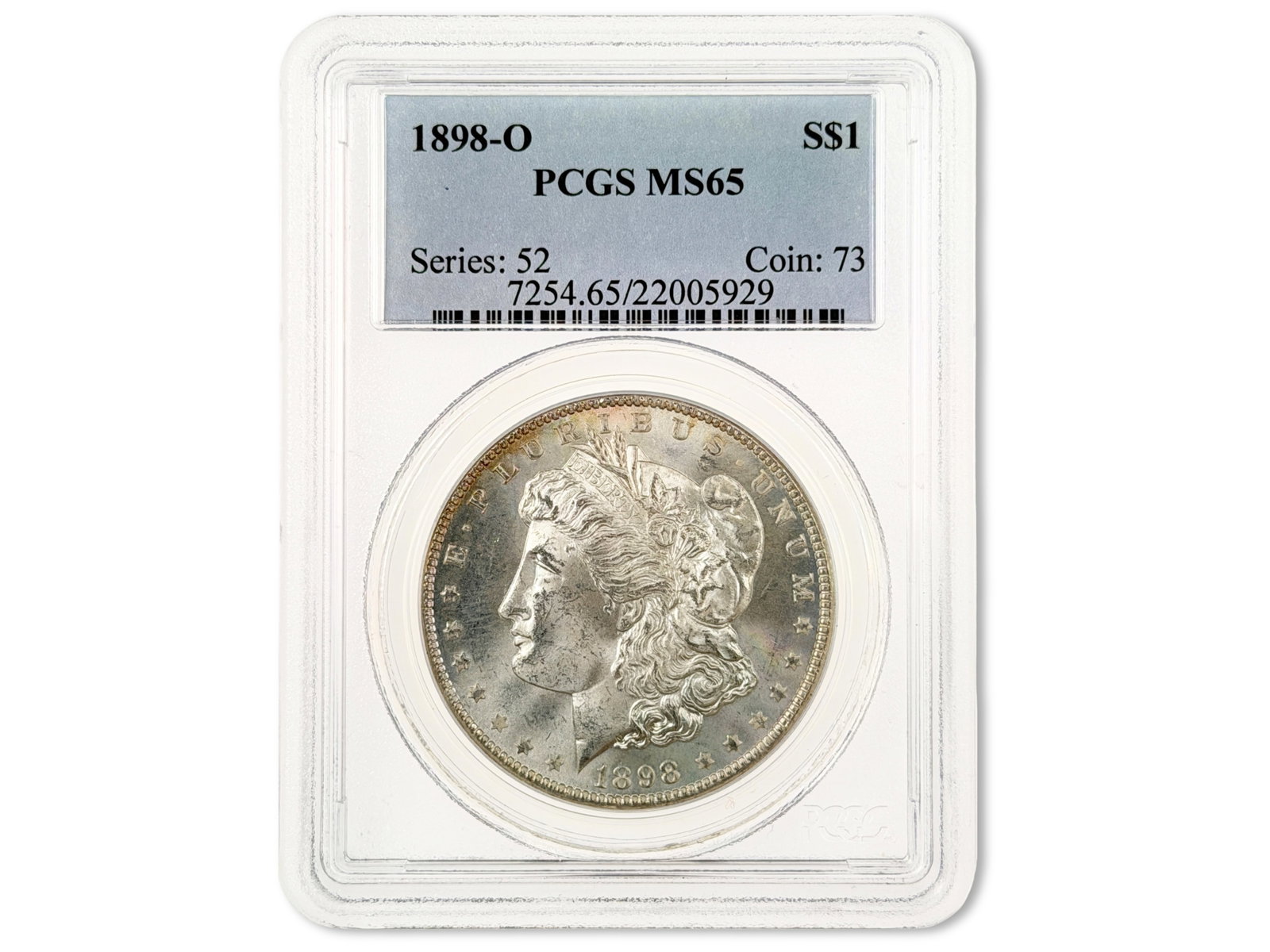 1898-O Morgan Dollar PCGS MS65: 1898-O Morgan Silver Dollar graded PCGS MS65. Cert. #22005929. Shipping: Weiss Auctions offers full-service, in-house shipping for nearly all items in this auction. For a shipping quote, please contac