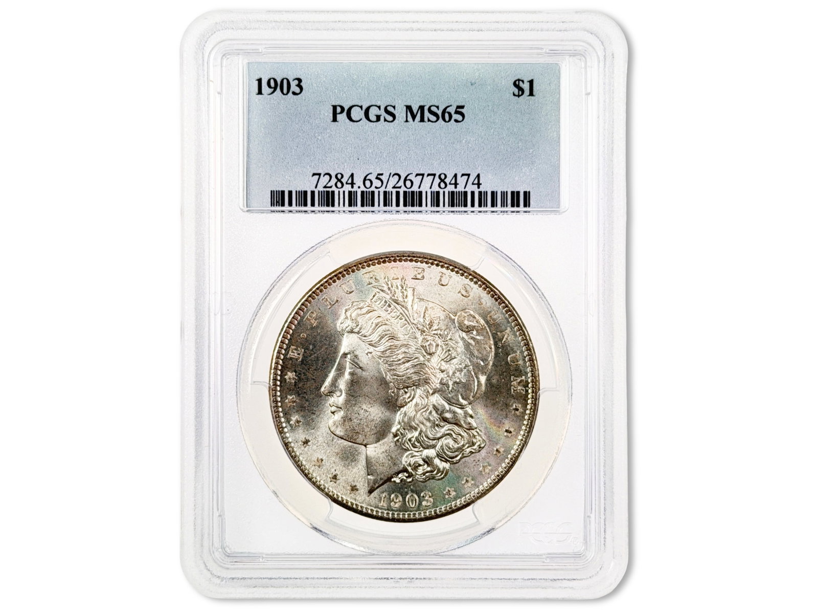 1903 Morgan Dollar PCGS MS65: 1903 Morgan Silver Dollar graded PCGS MS65. Cert. #26778474. Shipping: Weiss Auctions offers full-service, in-house shipping for nearly all items in this auction. For a shipping quote, please contact 