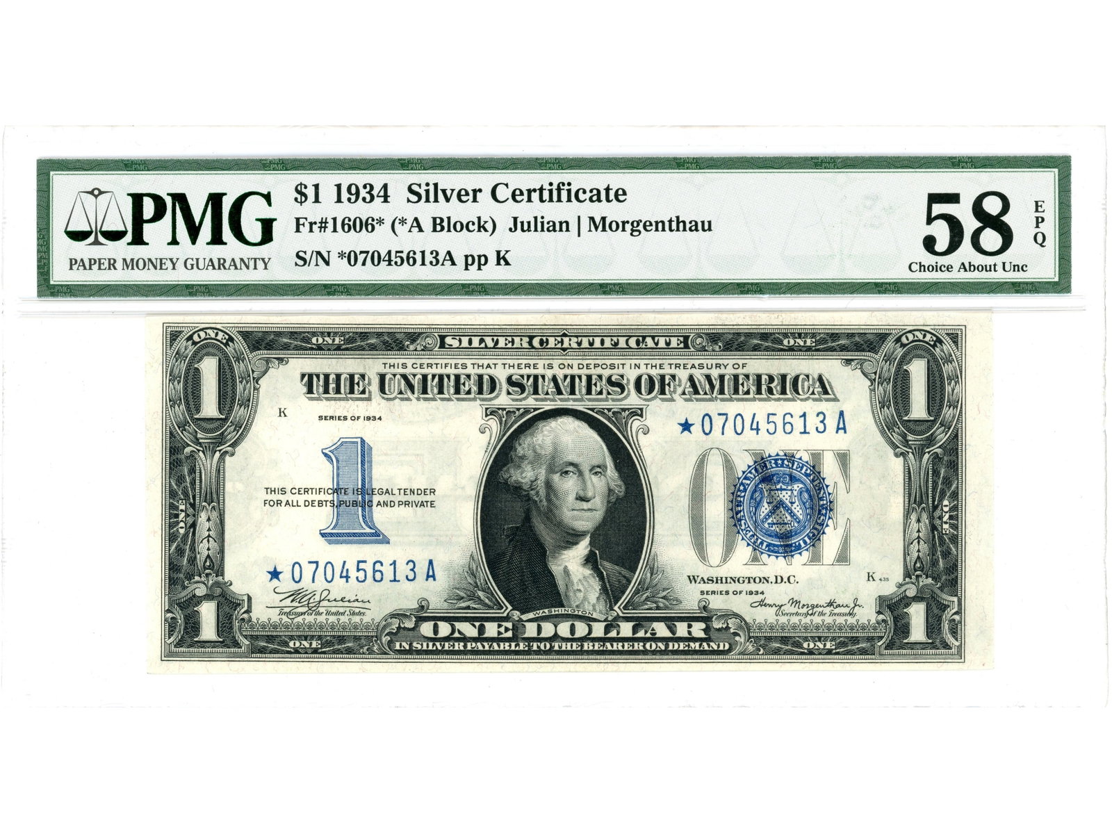 Fr. 1606* 1935 $1 Silver Cert PMG 58 EPQ: Fr. 1606* 1935 $1 Silver Certificate graded PMG Choice About Uncirculated 58 EPQ. PMG certification no. 1700510-005. Shipping: Weiss Auctions offers full-service, in-house shipping for nearly all item