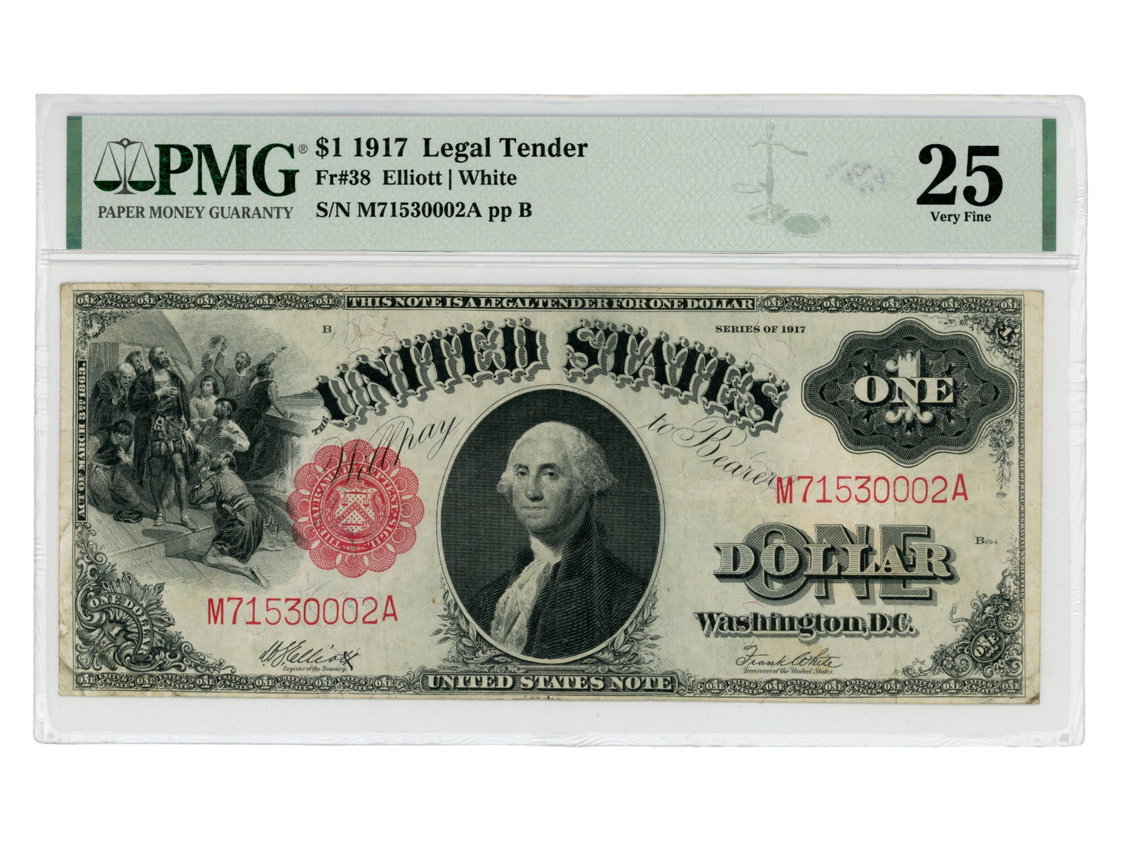 Fr. 38 1917 $1 Legal Tender PMG 25: Fr. 38 1917 $1 Legal Tender Note graded PMG Very Fine 25. PMG certification no. 8086527-004. Shipping: Weiss Auctions offers full-service, in-house shipping for nearly all items in this auction. For a