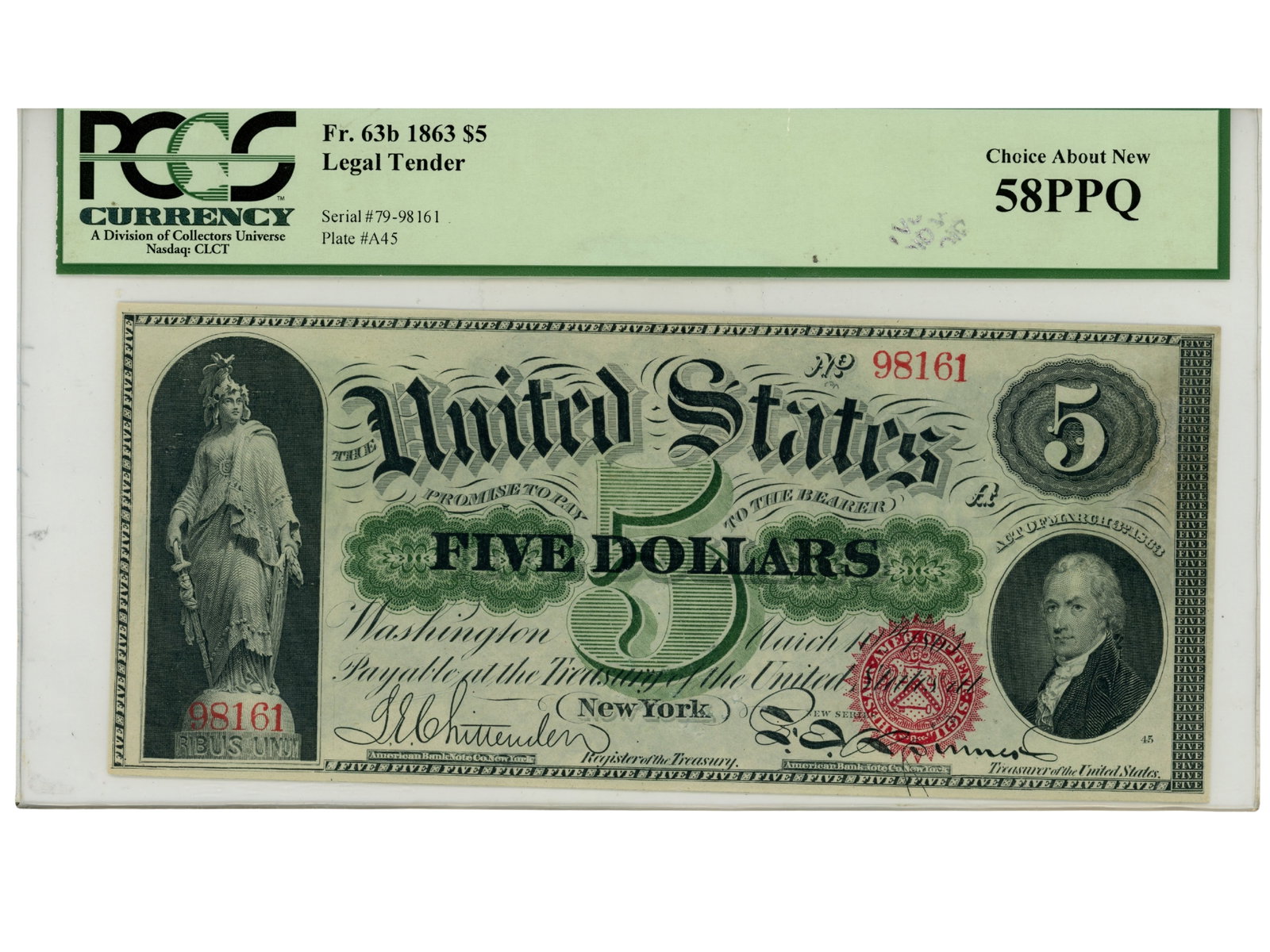 Fr. 63b 1863 $5 Legal Tender PCGS 58PPQ (1 of 2)