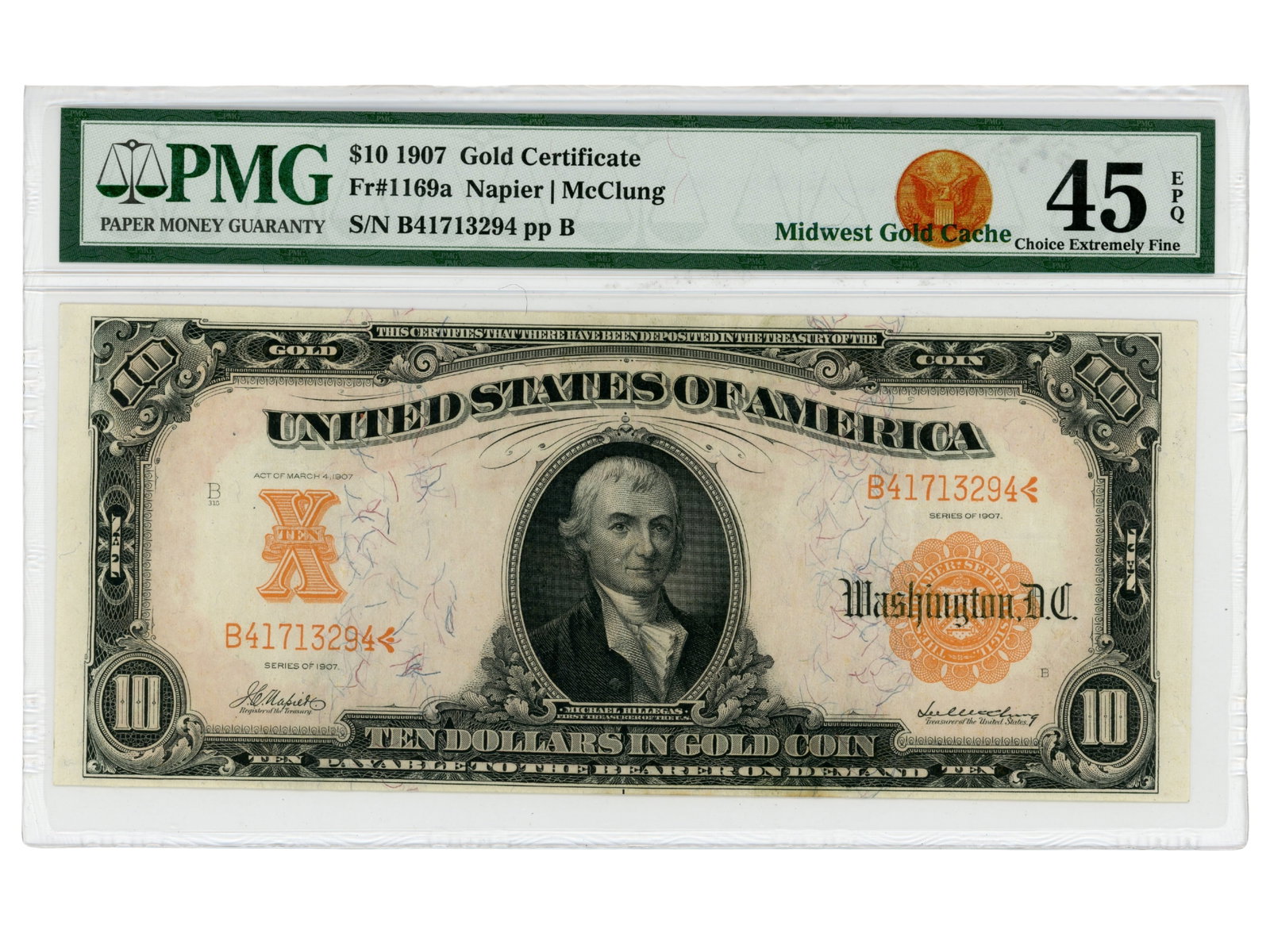 Fr. 1169a $10 Gold Cert PMG 45 EPQ: Fr. 1169a $10 Gold Certificate graded PMG Choice Extremely Fine 45 EPQ. PMG certification no. 1888557-032 Shipping: Weiss Auctions offers full-service, in-house shipping for nearly all items in this a