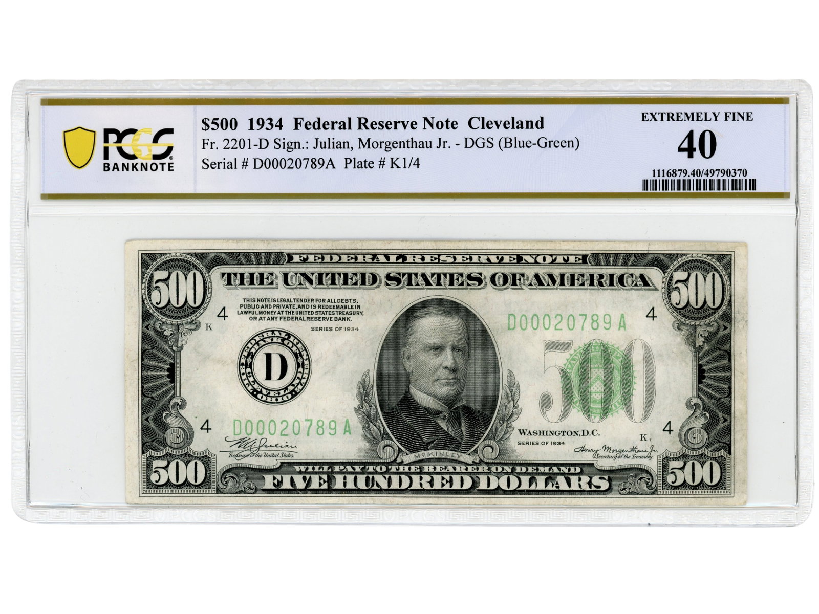 Fr. 2201-D 1934 $500 FRN PCGS 40: Fr. 2201-D 1934 $500 Federal Reserve Note, Cleveland. Graded PCGS Banknote Extremely Fine 40. PCGS certification no. 49790370. Shipping: Weiss Auctions offers full-service, in-house shipping for nearl