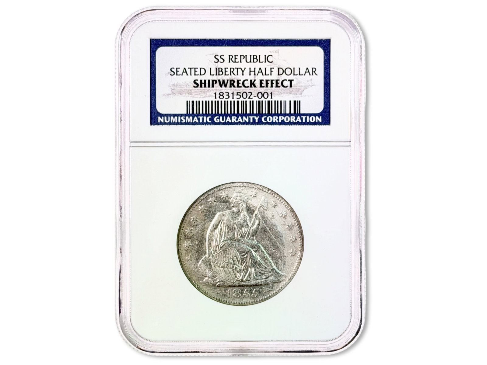 1854-O Arrows 50C SS Republic NGC: 1854-O Arrows Liberty Seated half dollar from the SS Republic shipwreck. NGC Certified. Certification no. 1797915-096. Shipping: Weiss Auctions offers full-service, in-house shipping for nearly all