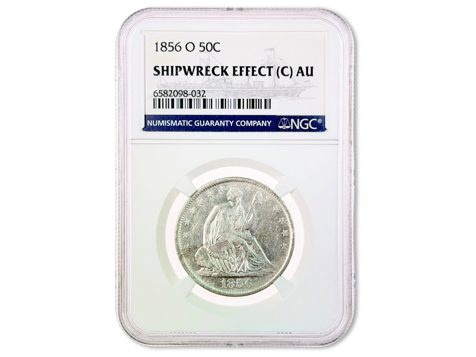 1856-O 50C Shipwreck Coin NGC: 1856-O Liberty Seated half dollar shipwreck coin. NGC Certified. Certification no. 6582098-032. Shipping: Weiss Auctions offers full-service, in-house shipping for nearly all items in this auction. Fo