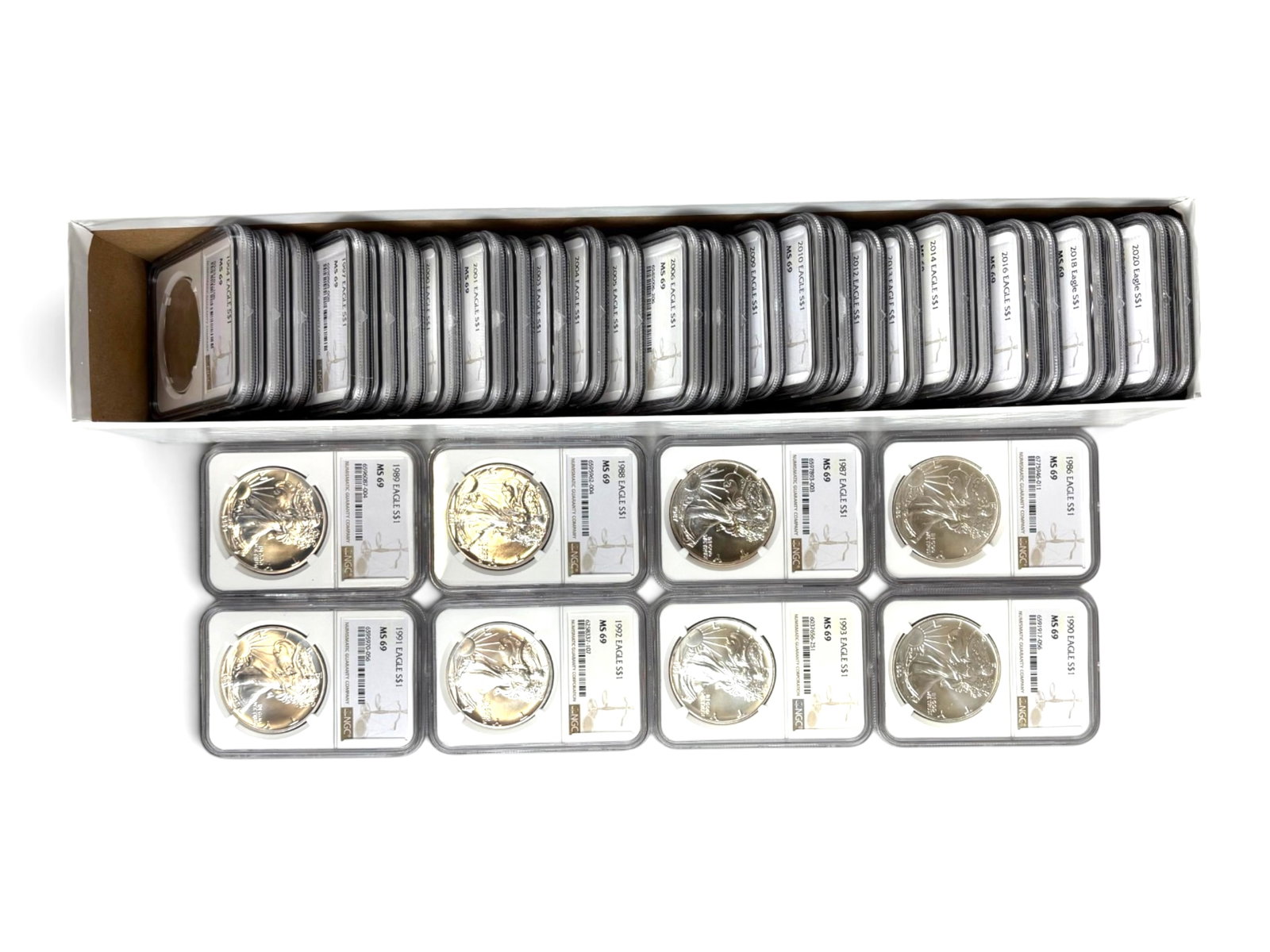 NGC MS69 Silver Eagle Collection 1986-2021 (36): Collection of (36) American Silver Eagles, one each from 1986 through 2021, each graded NGC MS69. Shipping: Weiss Auctions offers full-service, in-house shipping for nearly all items in this auction.