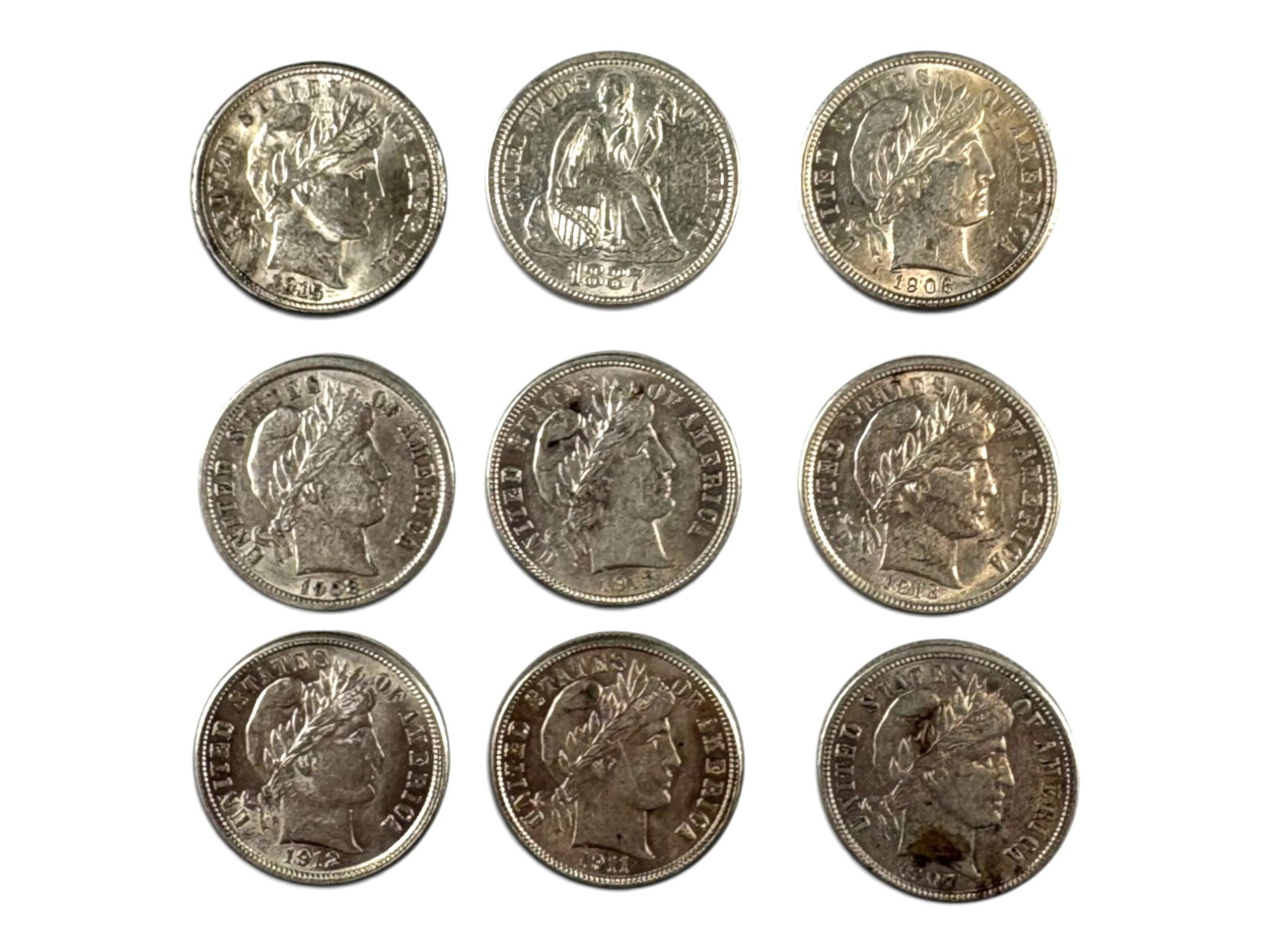 (9) Seated Liberty & Barber Dimes: Group of (9) Seated Liberty and Barber dimes including 1887, 1906-D, 1907-S, 1908, 1911-S, 1912, 1912-S, 1913, and 1915. Many appear to be high grade. Ungraded. See images for condition. Shipping: Wei