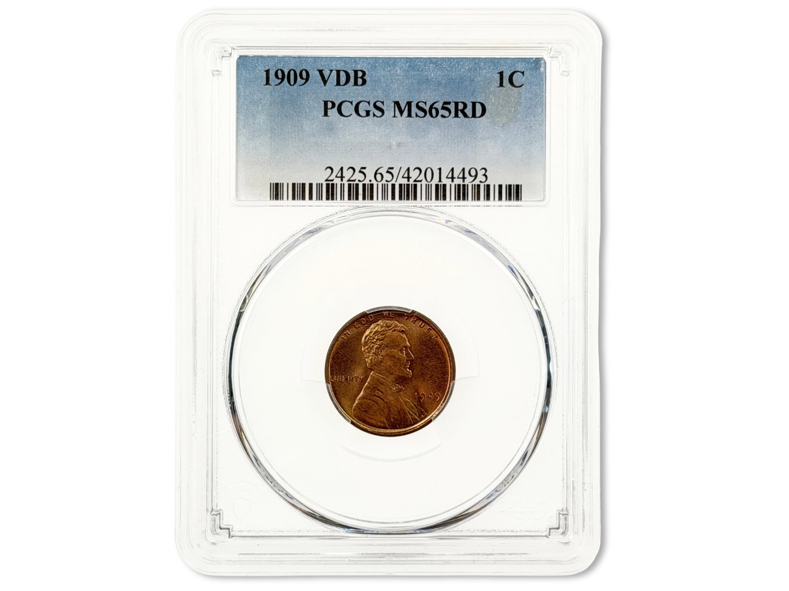1909 VDB Lincoln Cent PCGS MS65 RD: 1909 VDB Lincoln cent graded PCGS MS65 RD. PCGS certification no. 42014493. Shipping: Weiss Auctions offers full-service, in-house shipping for nearly all items in this auction. For a shipping quote, 