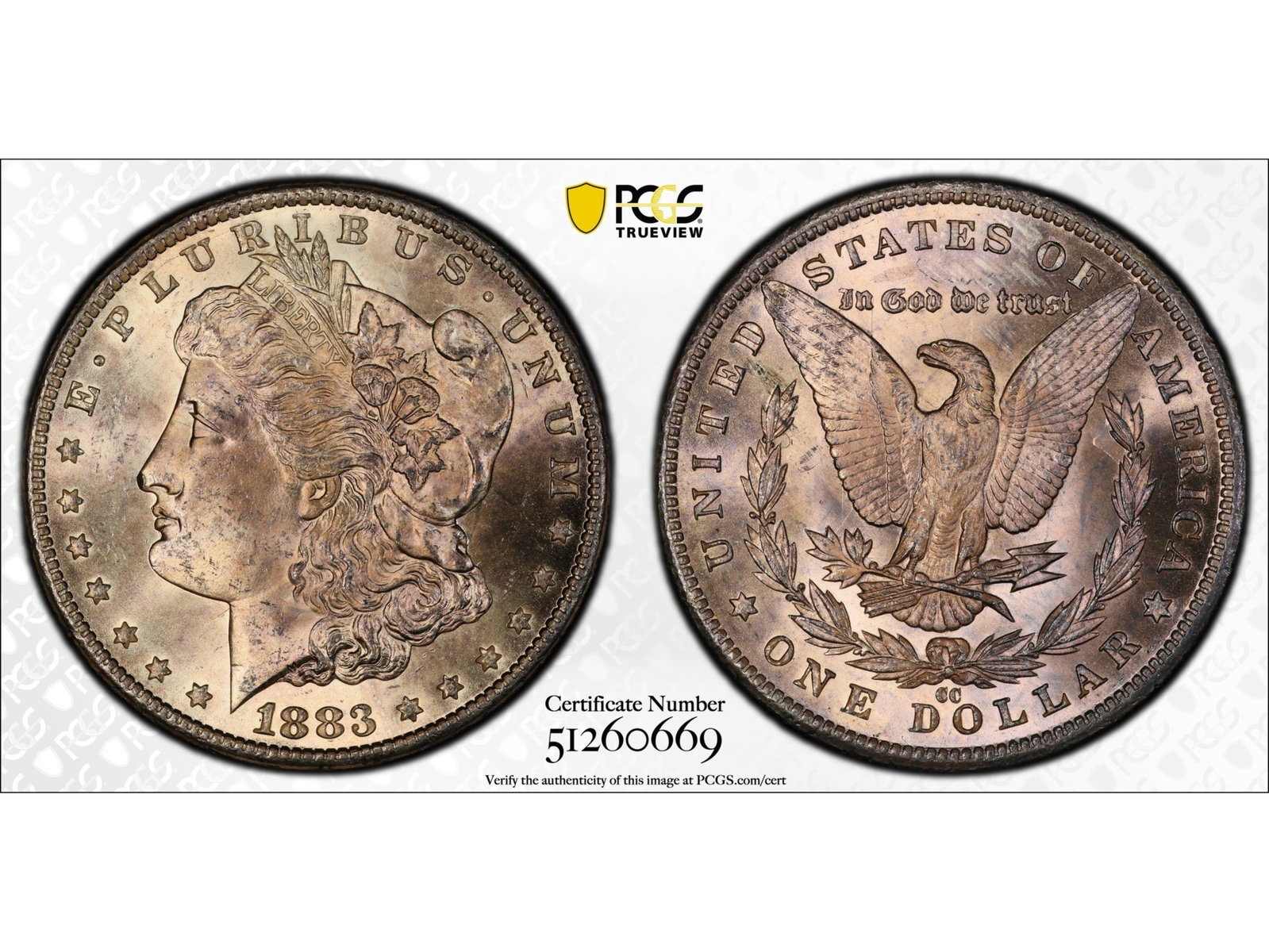 1883-CC Morgan Dollar PCGS MS63: 1883-CC Morgan dollar graded PCGS MS63. PCGS certification no. 51260669 Shipping: Weiss Auctions offers full-service, in-house shipping for nearly all items in this auction. For a shipping quote,