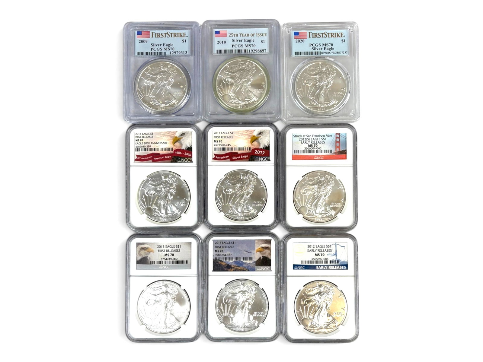 (9) Graded MS70 Silver Eagles: Group of (9) graded MS70 American Silver Eagles including PCGS 2009, 2010, and 2020, and NGC 2012 Early Releases, 2012-S Early Releases, 2013 First Releases, 2015 First Releases, 2016 First Releases, 