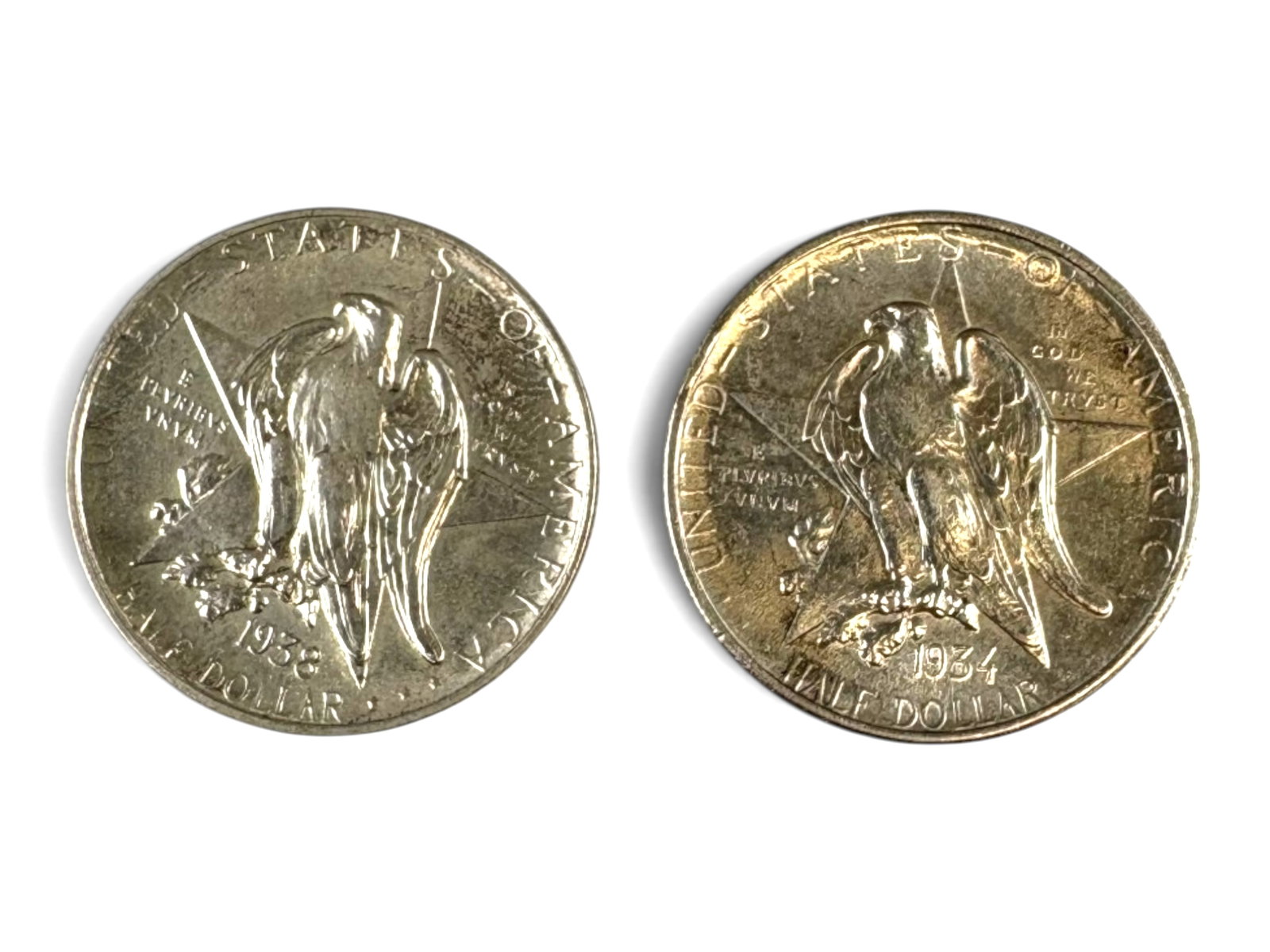 1934 & 1938 Texas Commemorative Half Dollars: 1934 and 1938 Texas commemorative silver half dollars. Ungraded. See images for condition. Shipping: Weiss Auctions offers full-service, in-house shipping for nearly all items in this auction. For a