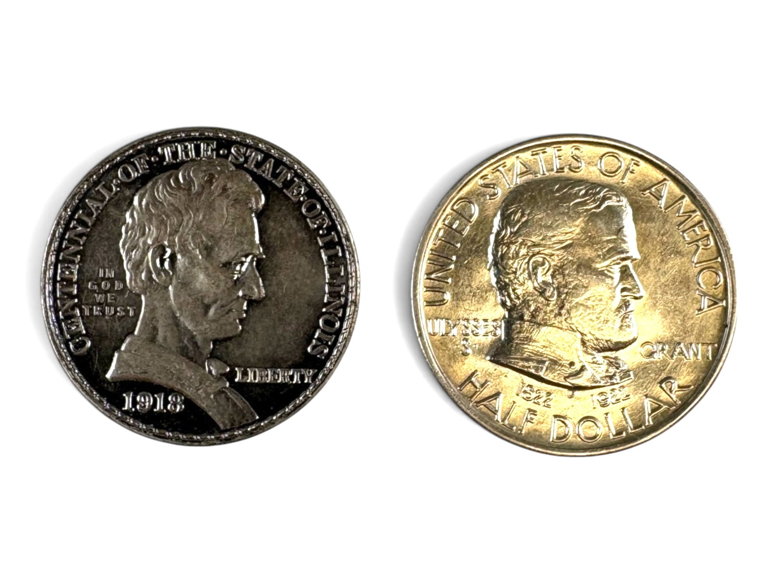 1922 Grant & 1918 Lincoln Commem Half Dollars: 1922 Grant commemorative silver half dollar and 1918 Lincoln commemorative silver half dollar. Ungraded. See images for condition. Shipping: Weiss Auctions offers full-service, in-house shipping for n