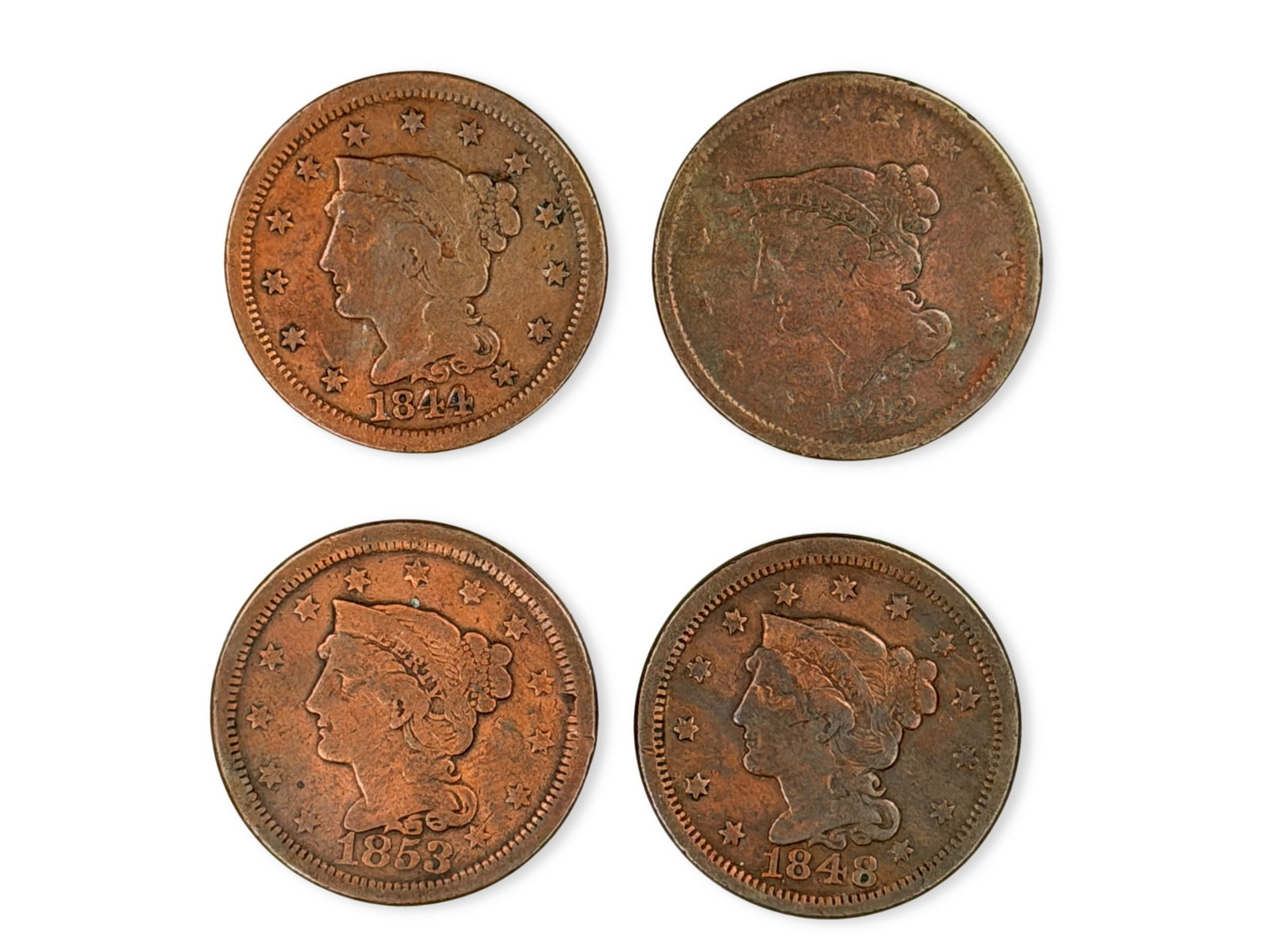 (4) Braided Hair Cents: Collection of 4 Braided Hair Cents including 1842, 1844, 1848, and 1853. Ungraded. See images for condition. Shipping: Weiss Auctions offers full-service, in-house shipping for nearly all items in